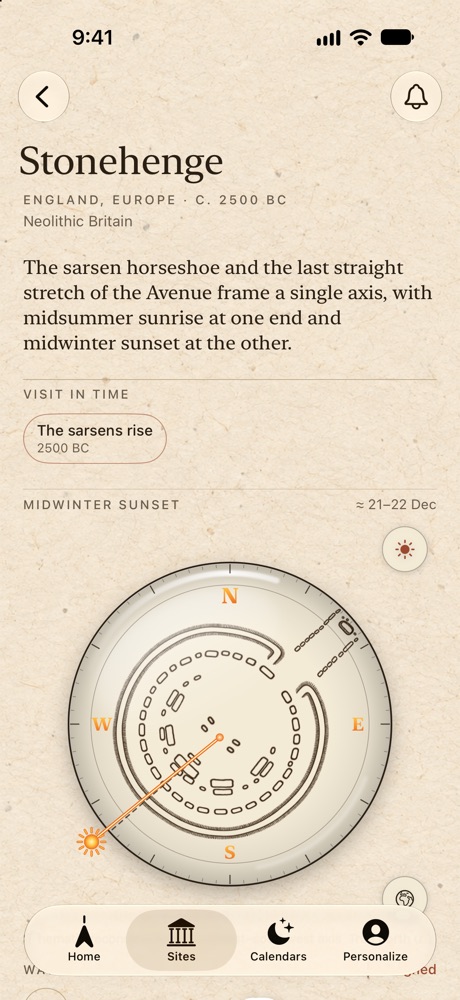 Screenshot: Stonehenge on a compass that turns with you