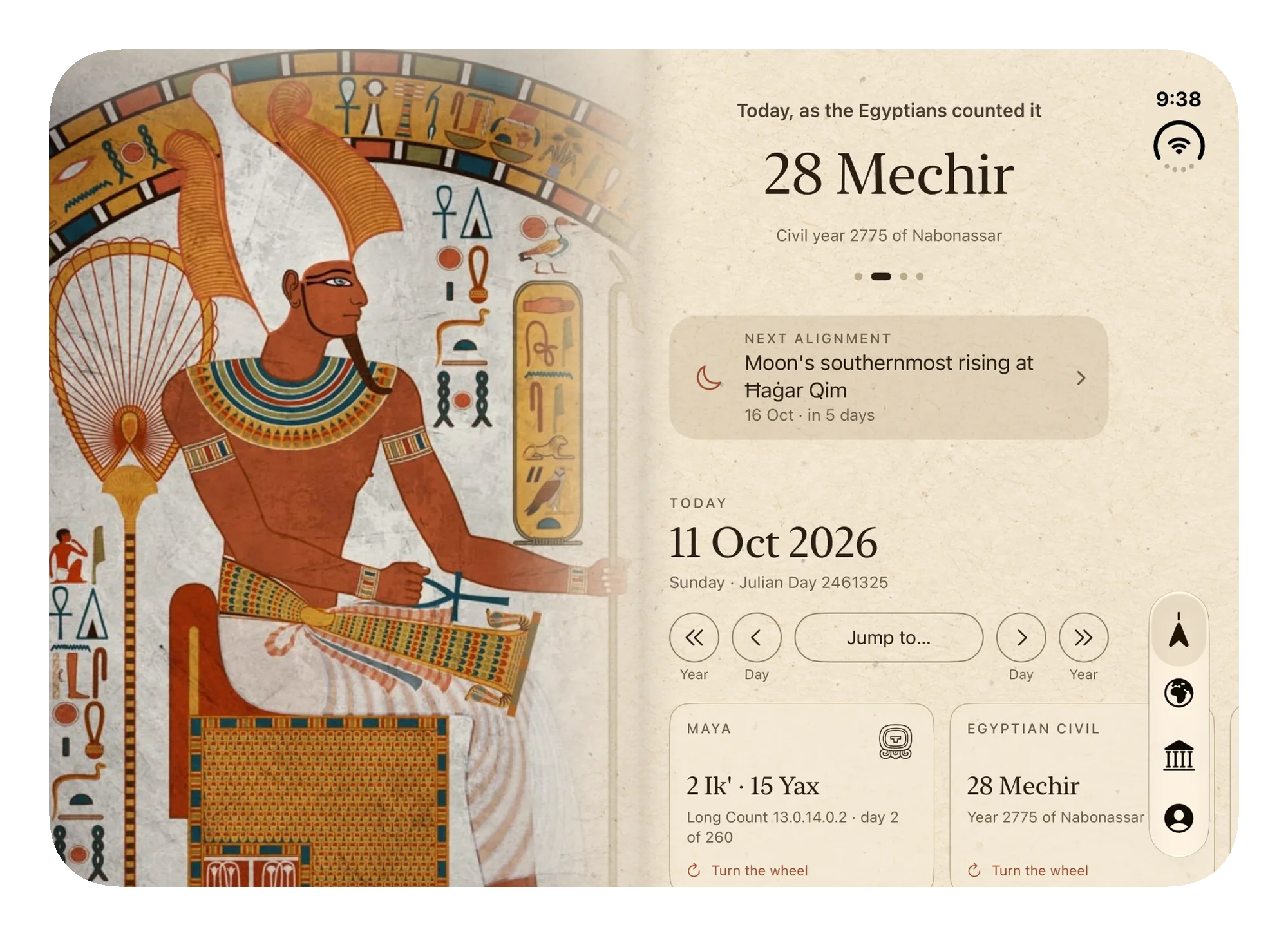 Almanac open on iPhone Duo: an Egyptian painting of a seated king beside today’s date in the Egyptian civil calendar, 28 Mechir