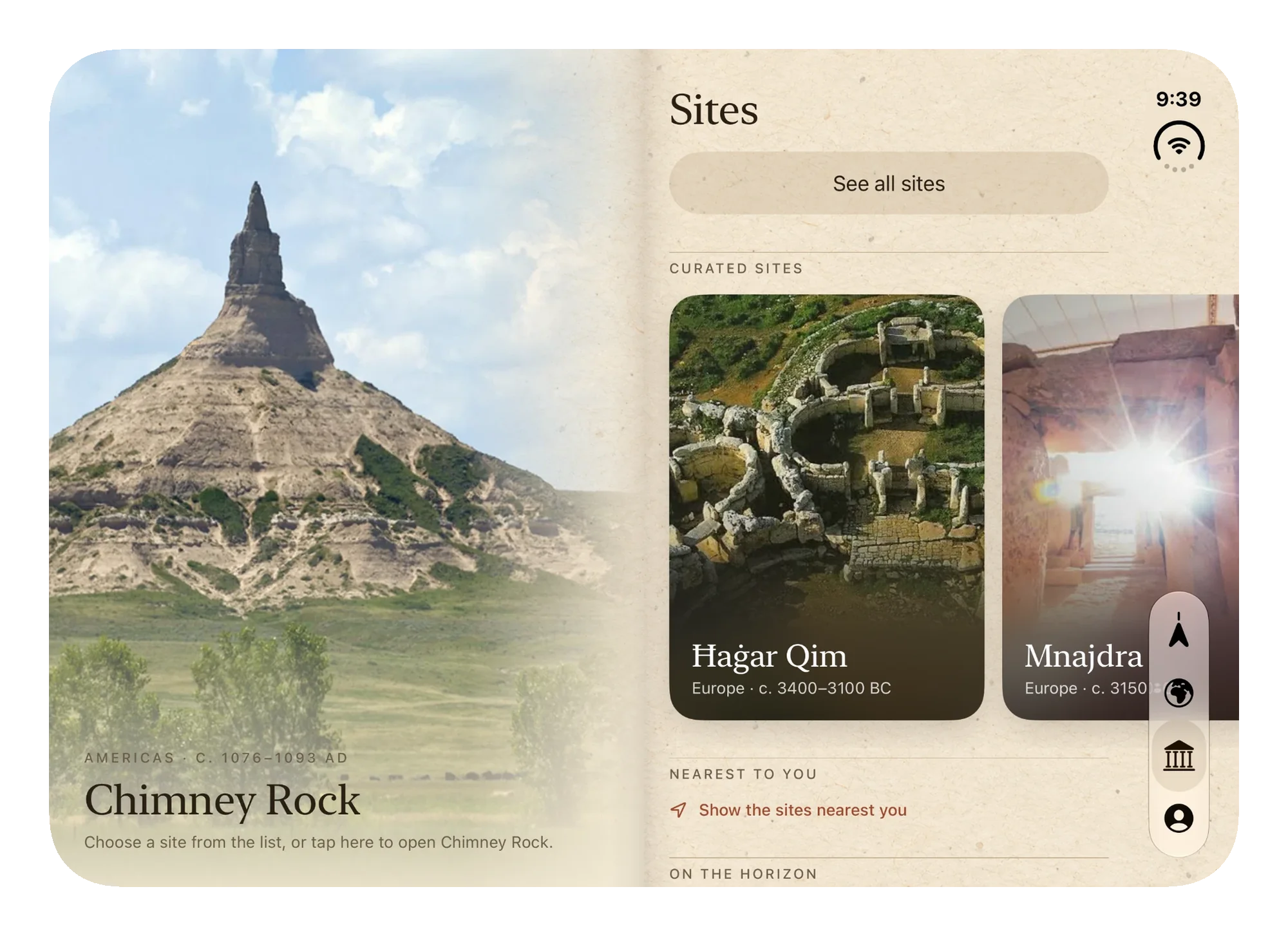 Almanac open on iPhone Duo: Chimney Rock beside the list of sites