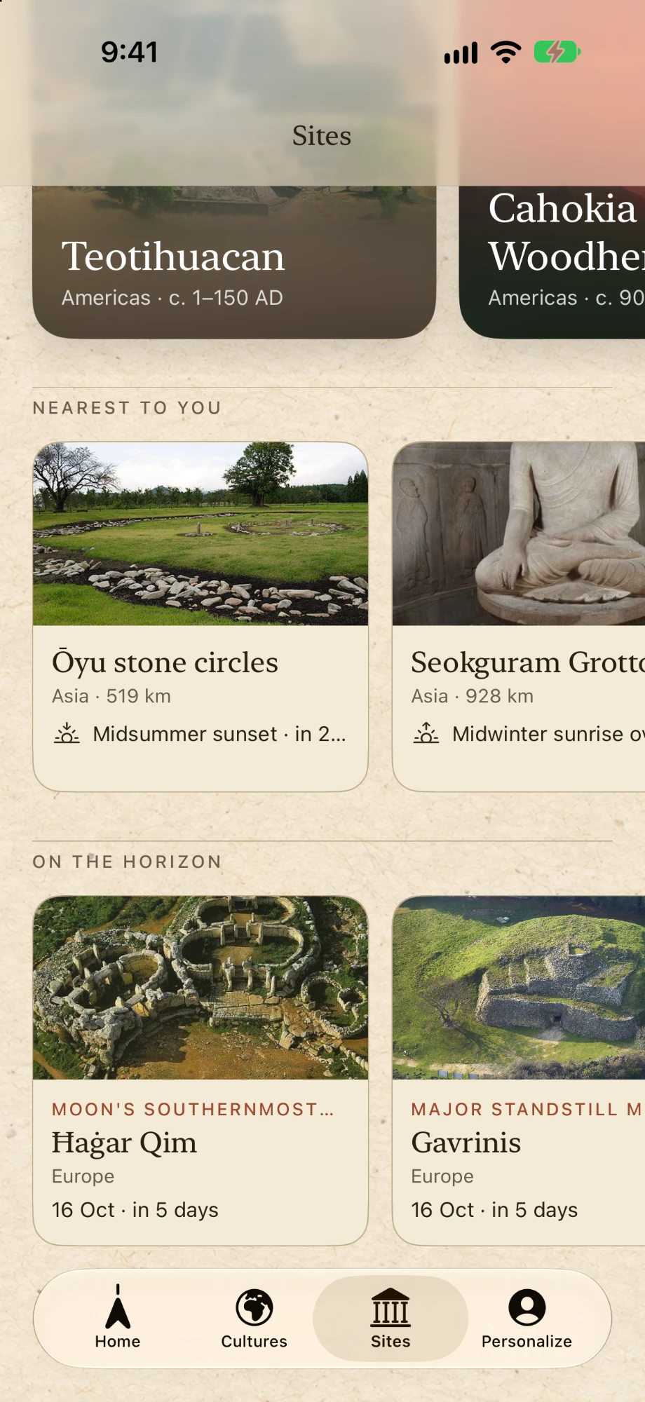 Sites nearest to you and alignments on the horizon, in serif names and small-capital labels