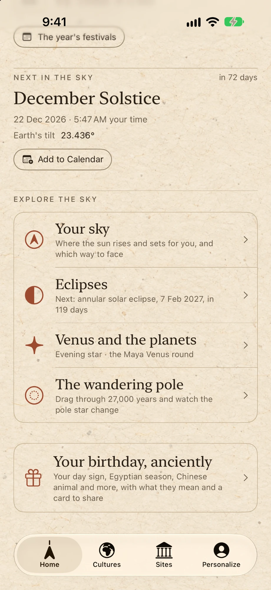 Explore the sky: your sky, eclipses, Venus and the planets, and the wandering pole