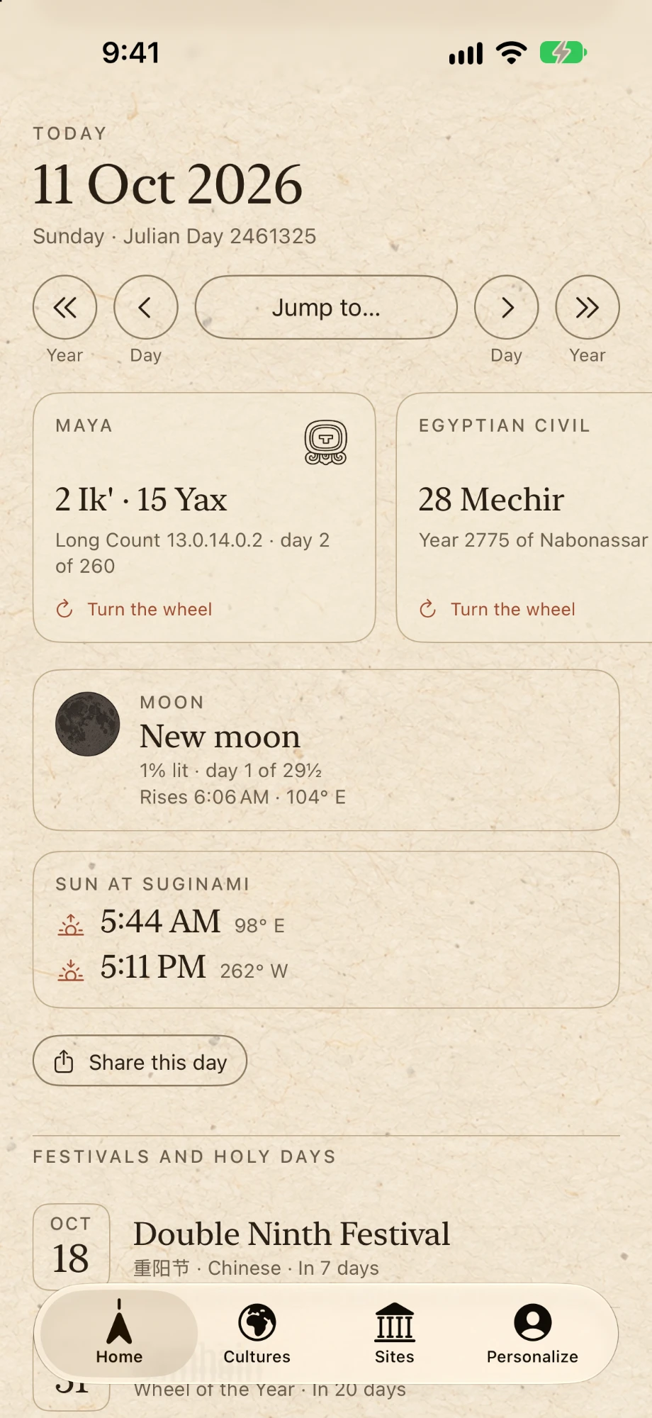 The Today screen: the date in the Maya and Egyptian calendars, each with Turn the wheel, the moon and the sun