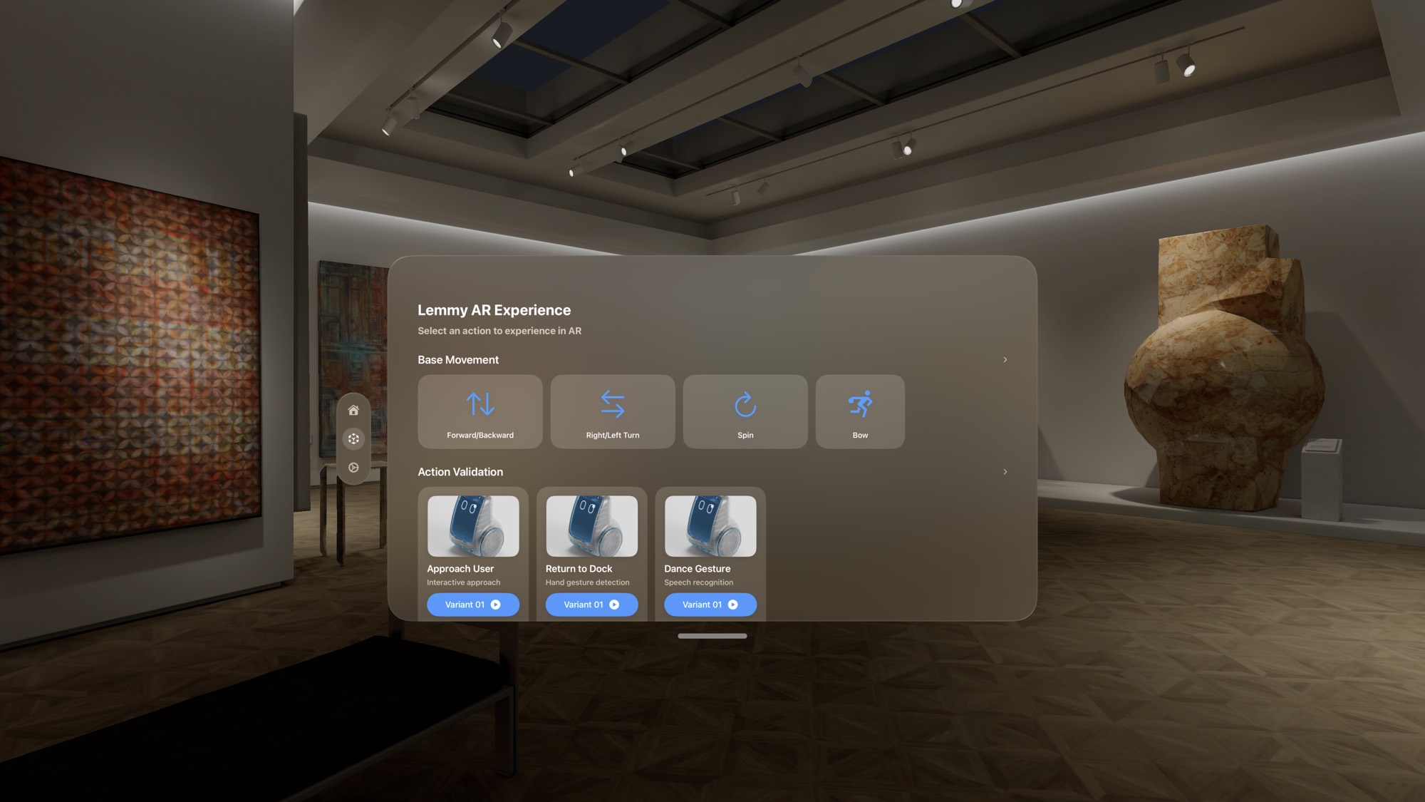 The Lemmy AR Experience menu window, with base movements and action variants, floating in a virtual gallery on visionOS