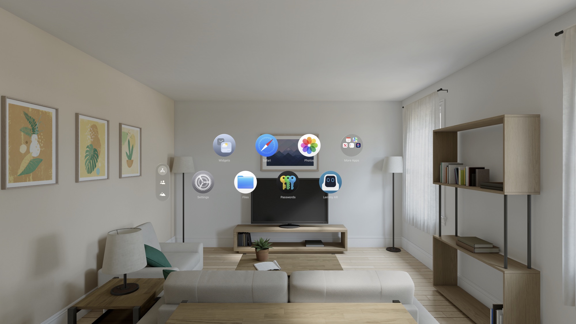 The visionOS home view in a furnished living room, with the Lemmy AR app among the system apps, in the Apple Vision Pro simulator