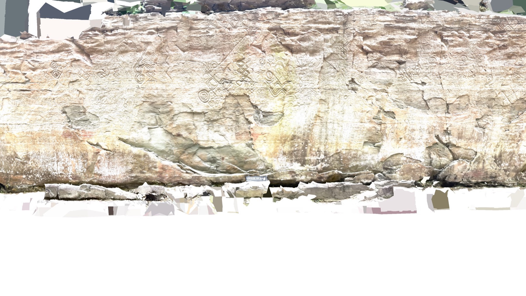 A photogrammetry reconstruction of a rock face shown three ways: a source photo, the textured model and the untextured mesh
