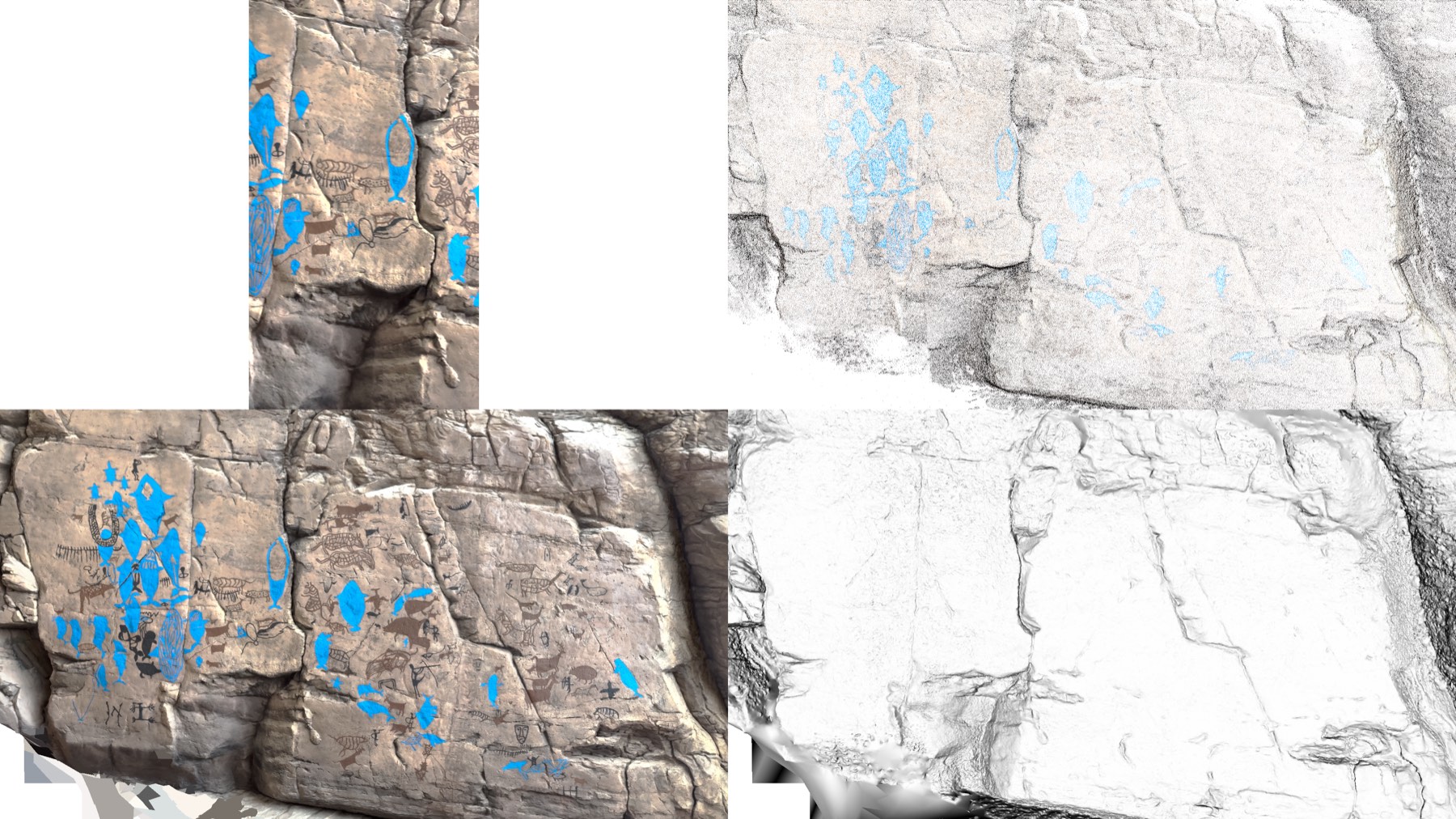 A second reconstruction of a carved panel with highlighted figures, shown textured and as a mesh