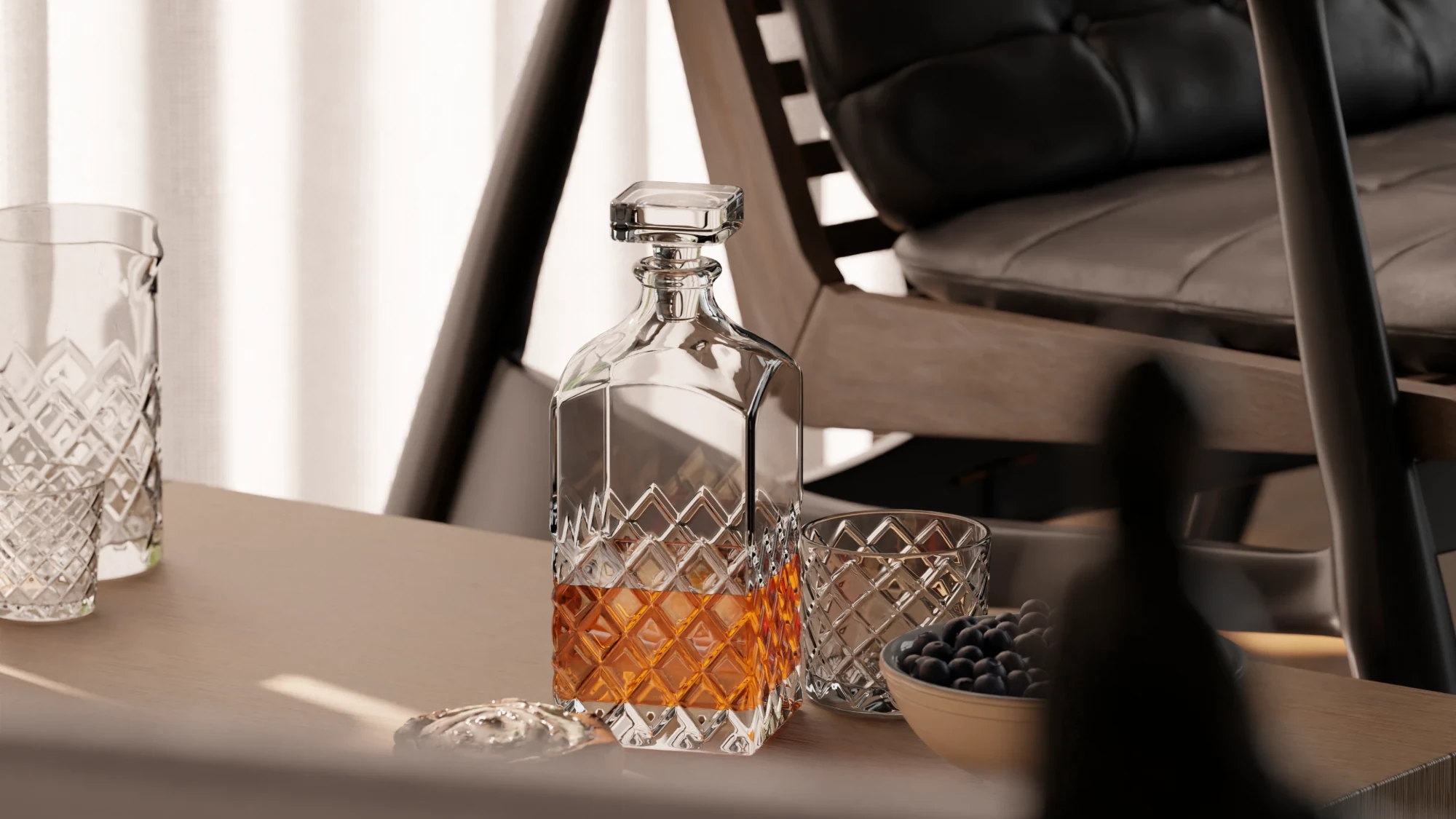 A crystal whisky decanter and glasses on a wooden table beside a leather lounge chair