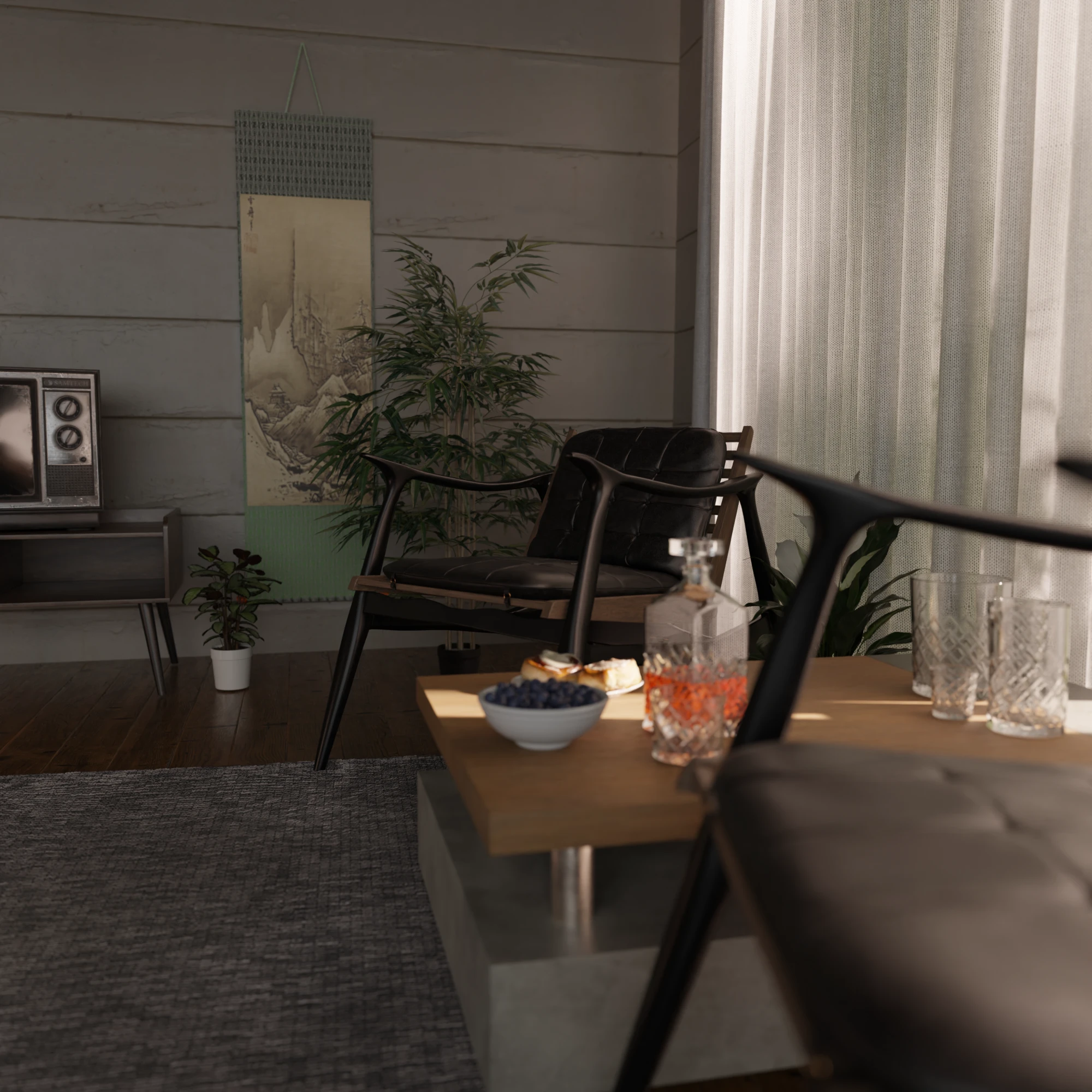 A lounge chair beside the low table, set with cinnamon rolls, blueberries, a decanter and cut-crystal glasses, the television and scroll behind