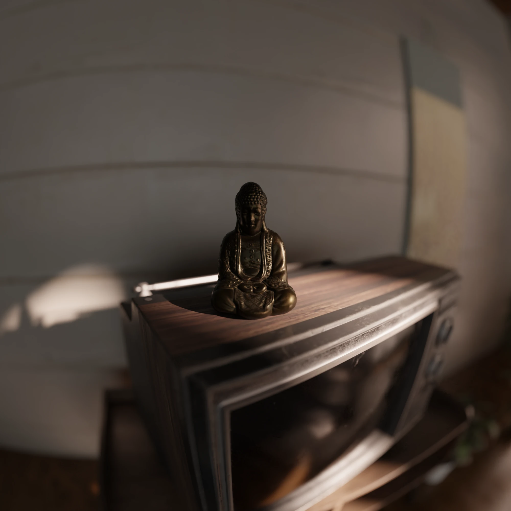 Final render: a bronze Buddha on top of a vintage television, lit by a slant of afternoon sun