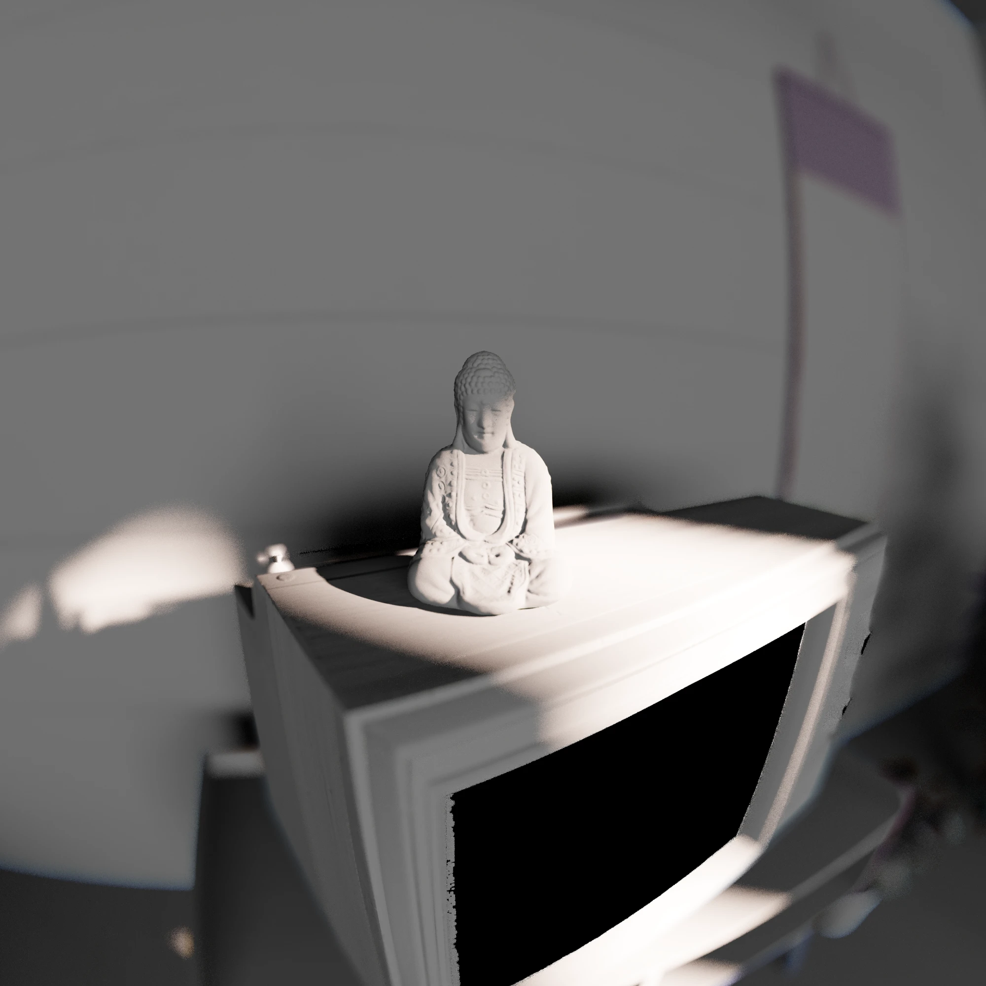 Lighting pass: the same frame with every surface white, showing only light and shadow
