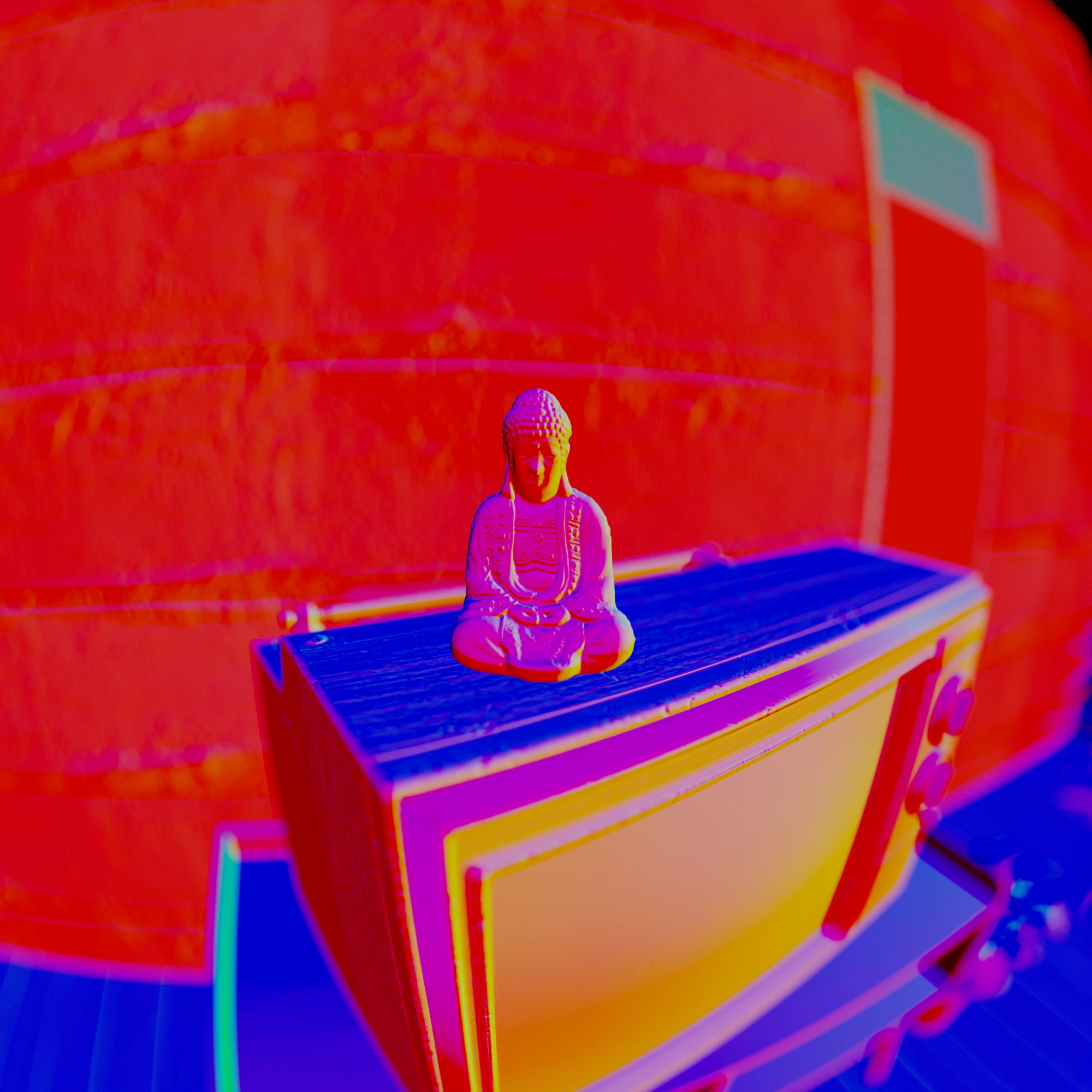 Normal pass: surfaces colored by the way they face, the wall red, the television top blue and its front yellow
