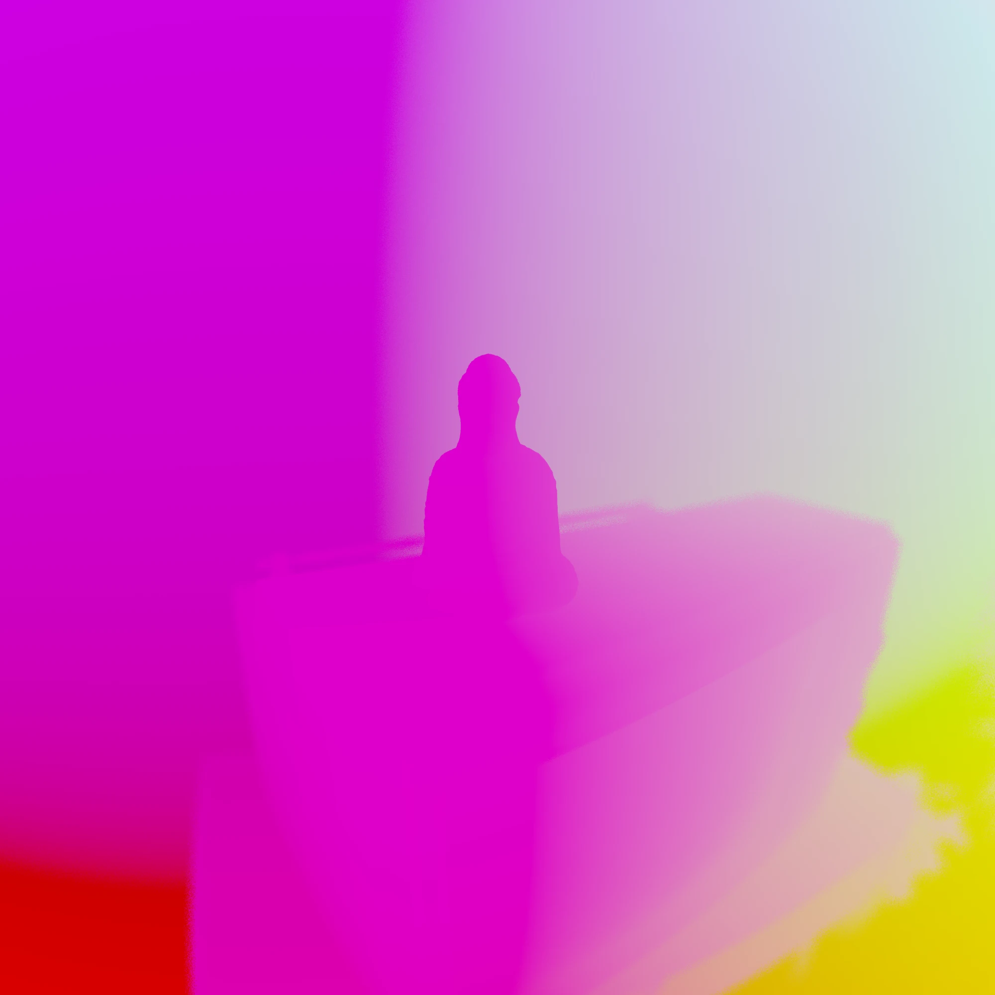 Position pass: soft magenta, white and yellow gradients across the room, with the figure as a flat silhouette