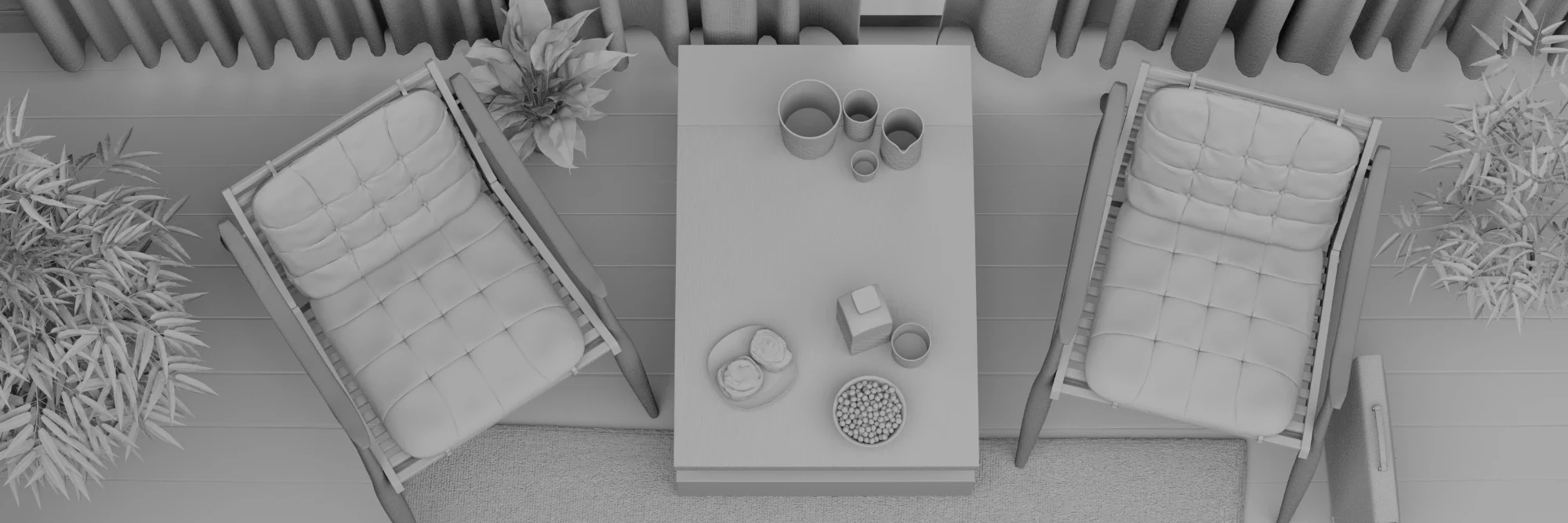 The room from above in plain grey clay: two lounge chairs either side of a low table, plants at each end and curtains along the window