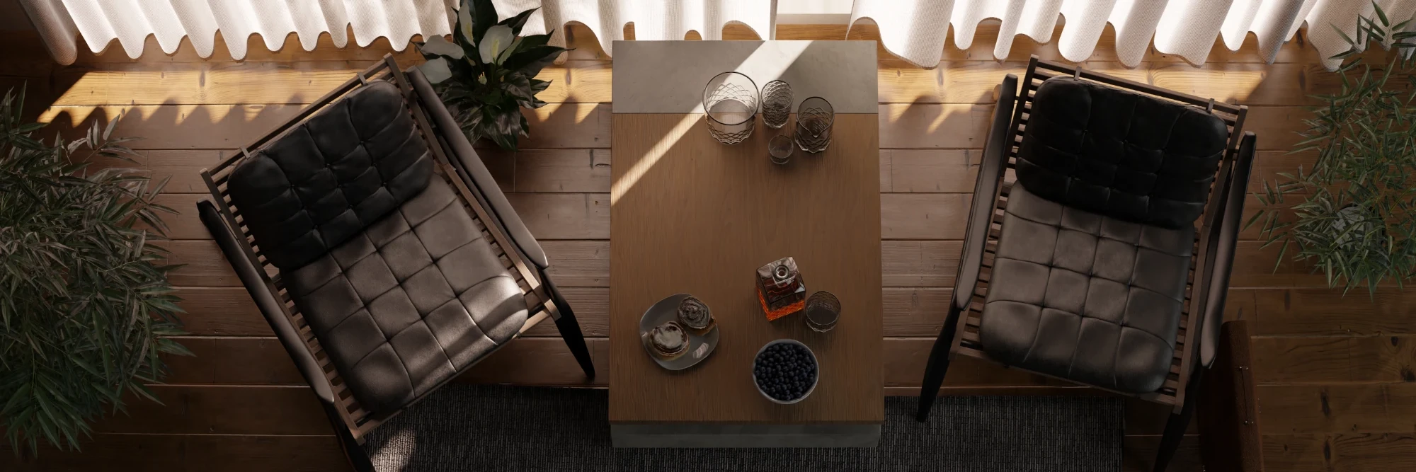 The same view from above, finished: leather chairs, a wooden table set with glasses, a decanter, cinnamon rolls and blueberries, and sunlight falling through the curtains across the floor