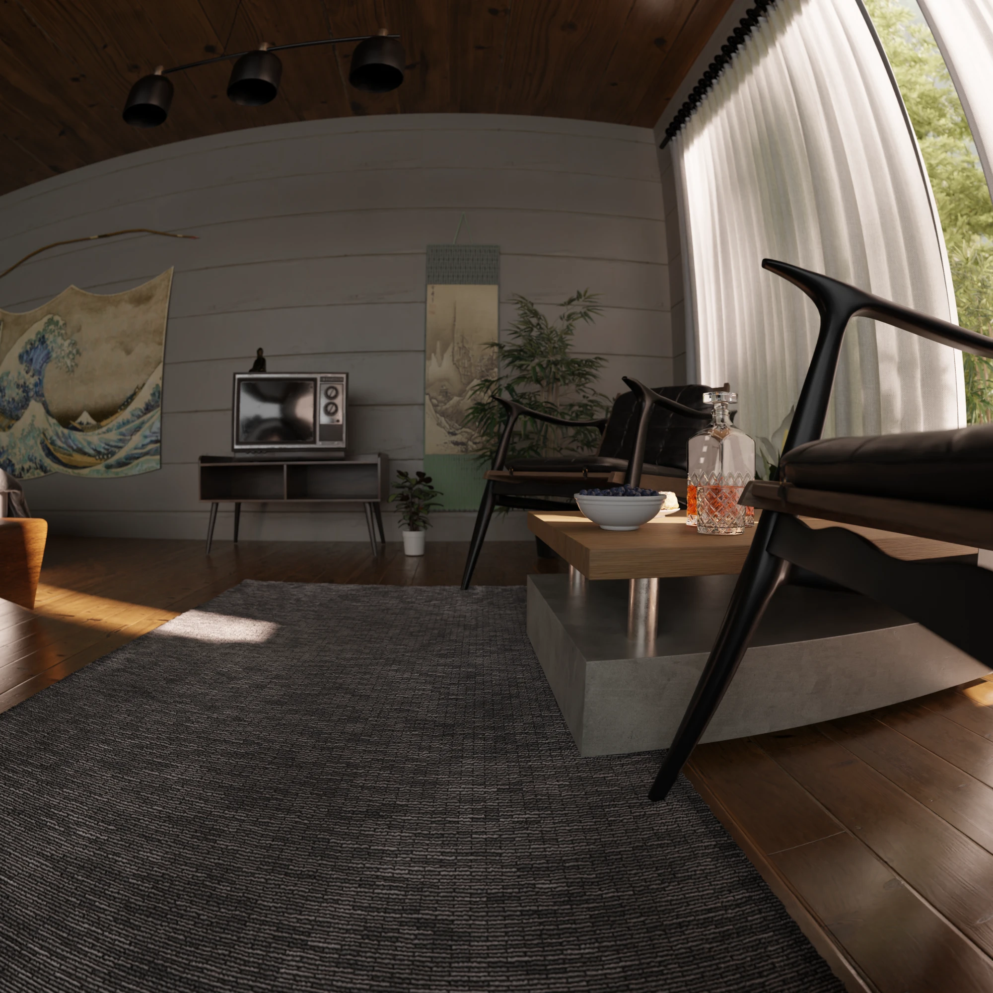 A low wide-angle view across the rug toward the television, the scroll and the lounge chairs, with bamboo outside the window