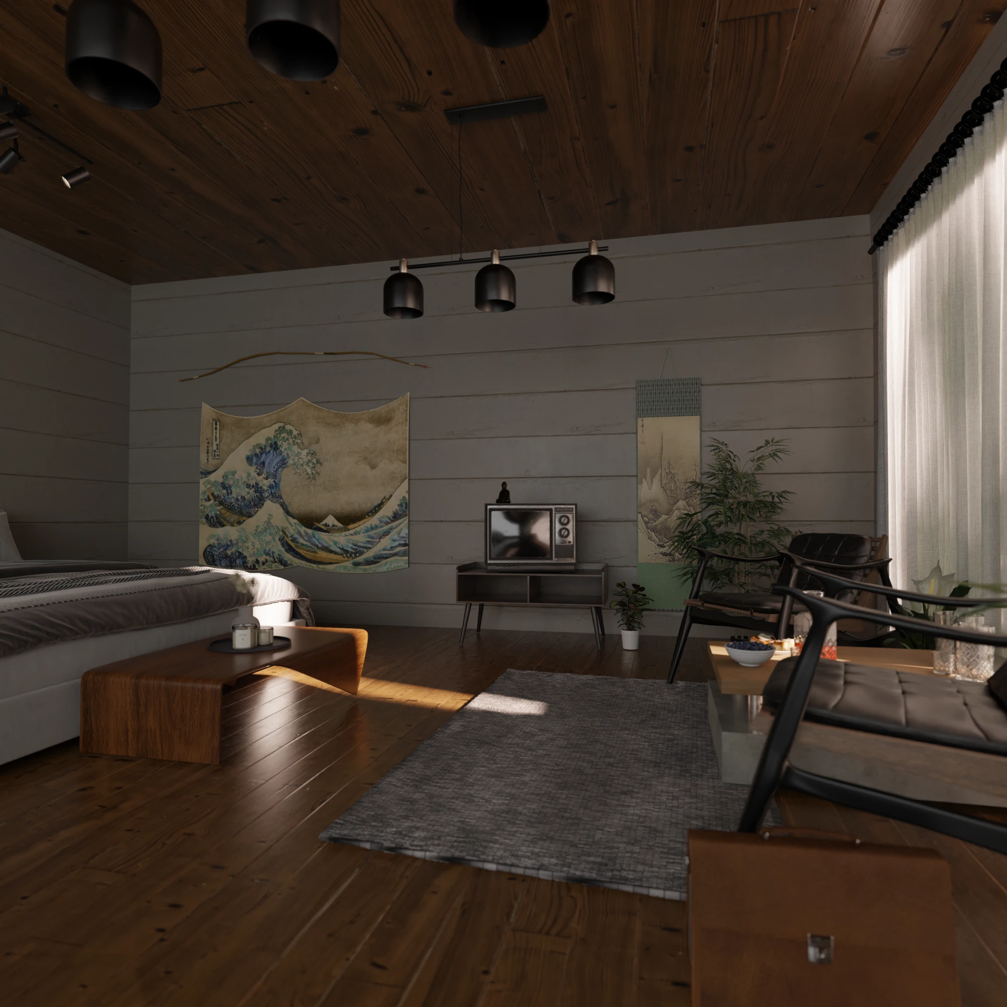 The whole room: a bed, a Great Wave print, a vintage television, a hanging scroll, and two leather lounge chairs by sheer curtains under a wooden ceiling
