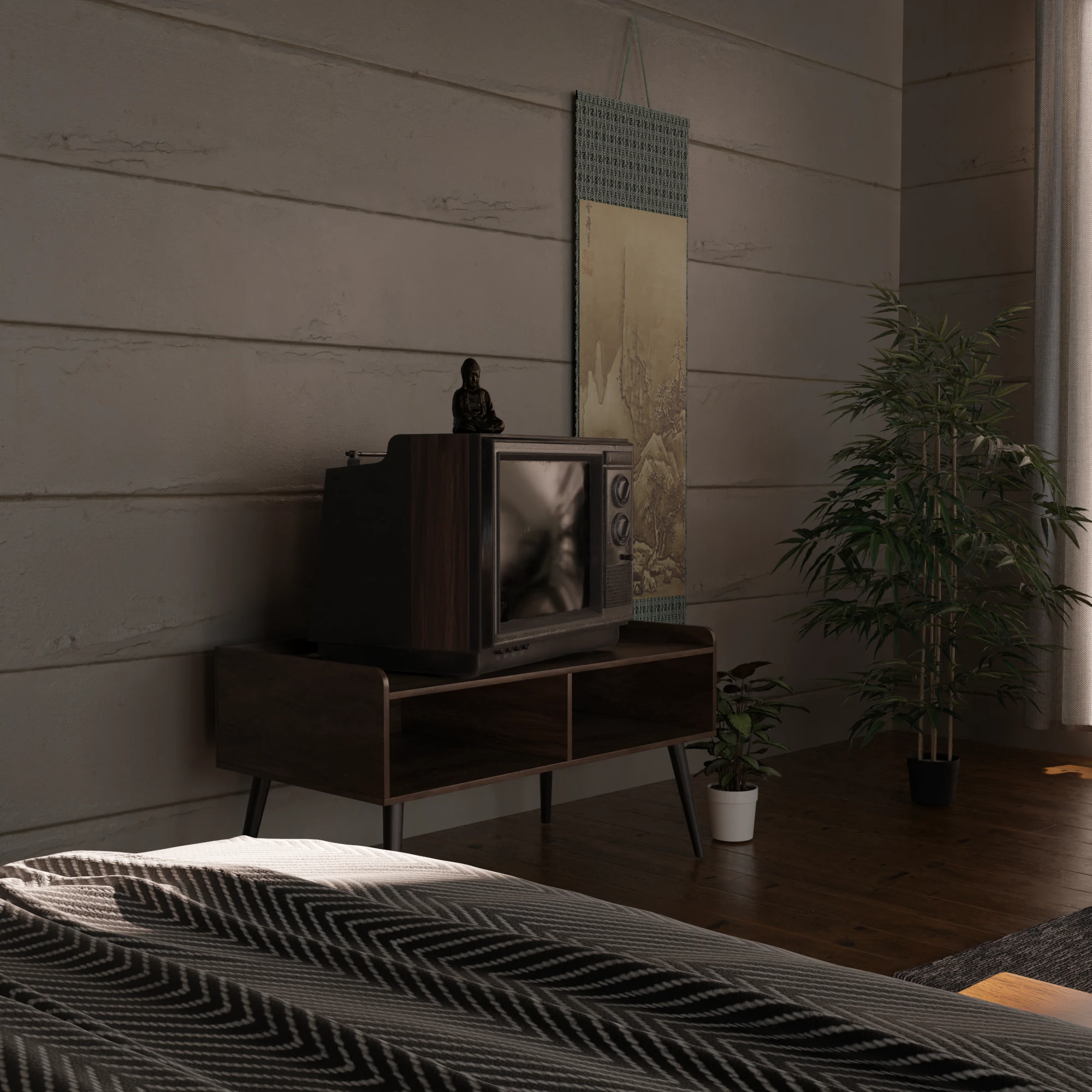 The television on a mid-century stand with the scroll, a potted plant and bamboo, seen from the bed