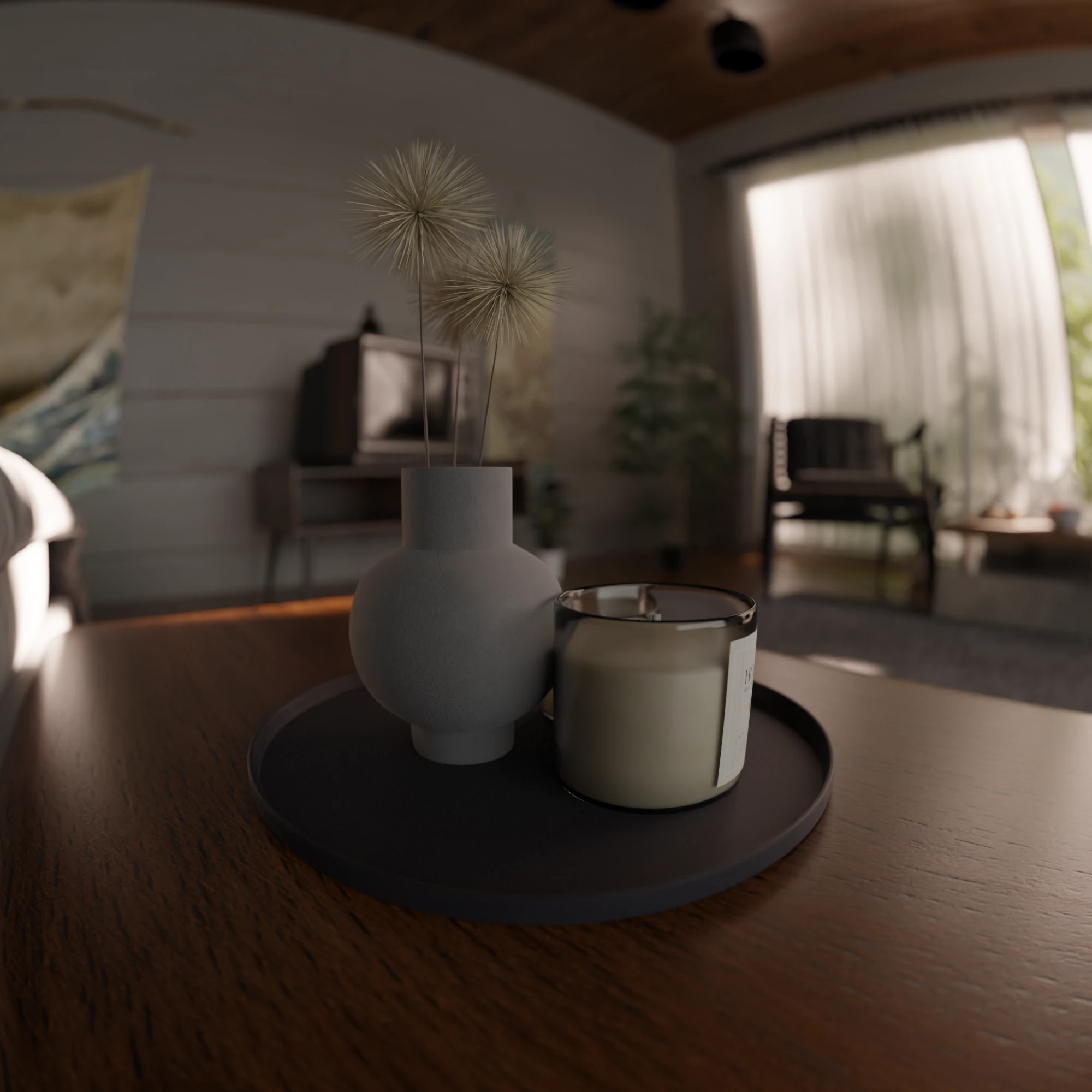 A round vase of dried dandelion heads and a candle on a dark tray by the bed