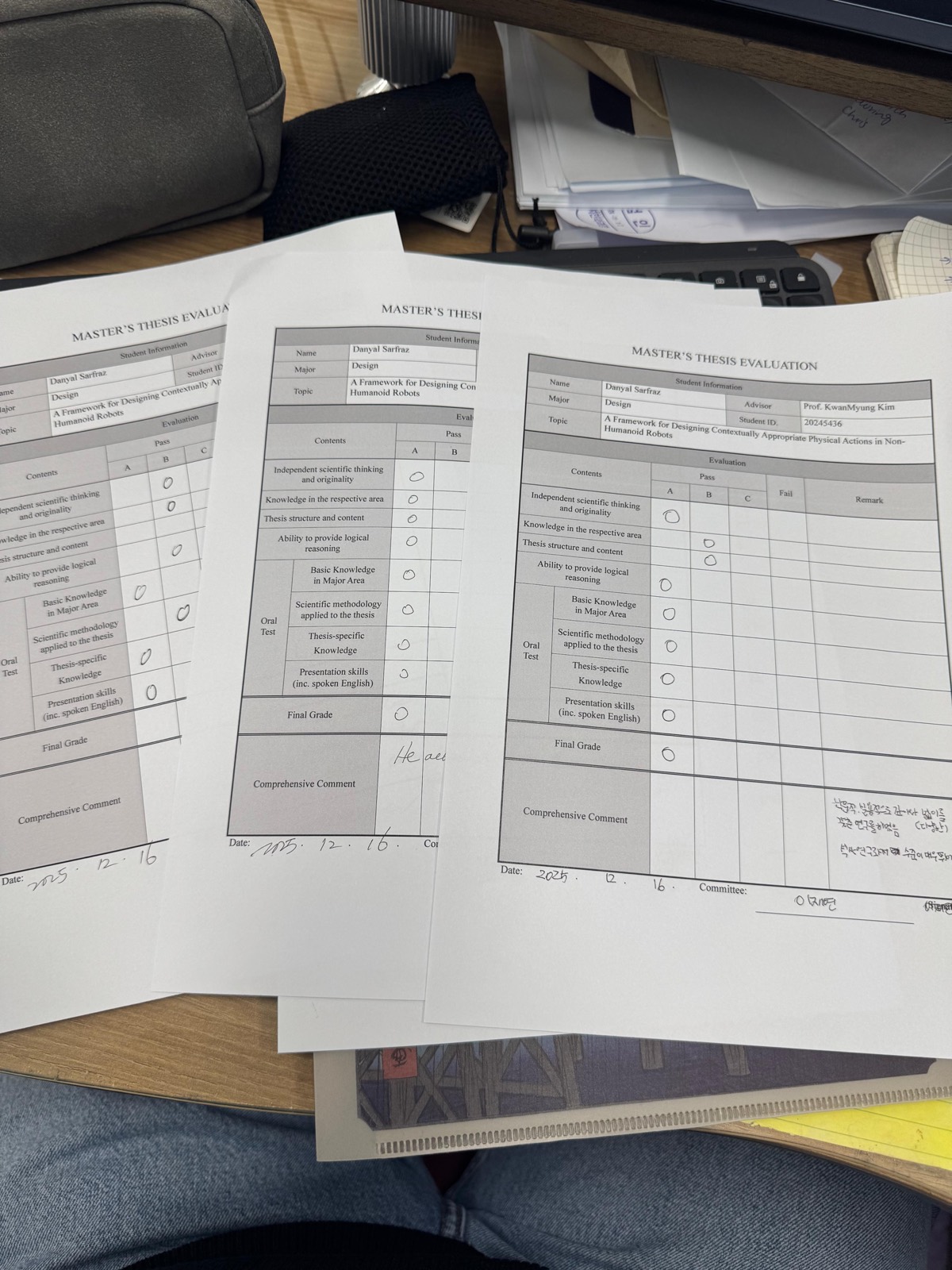 Printed rating sheets for the study, spread out on a desk