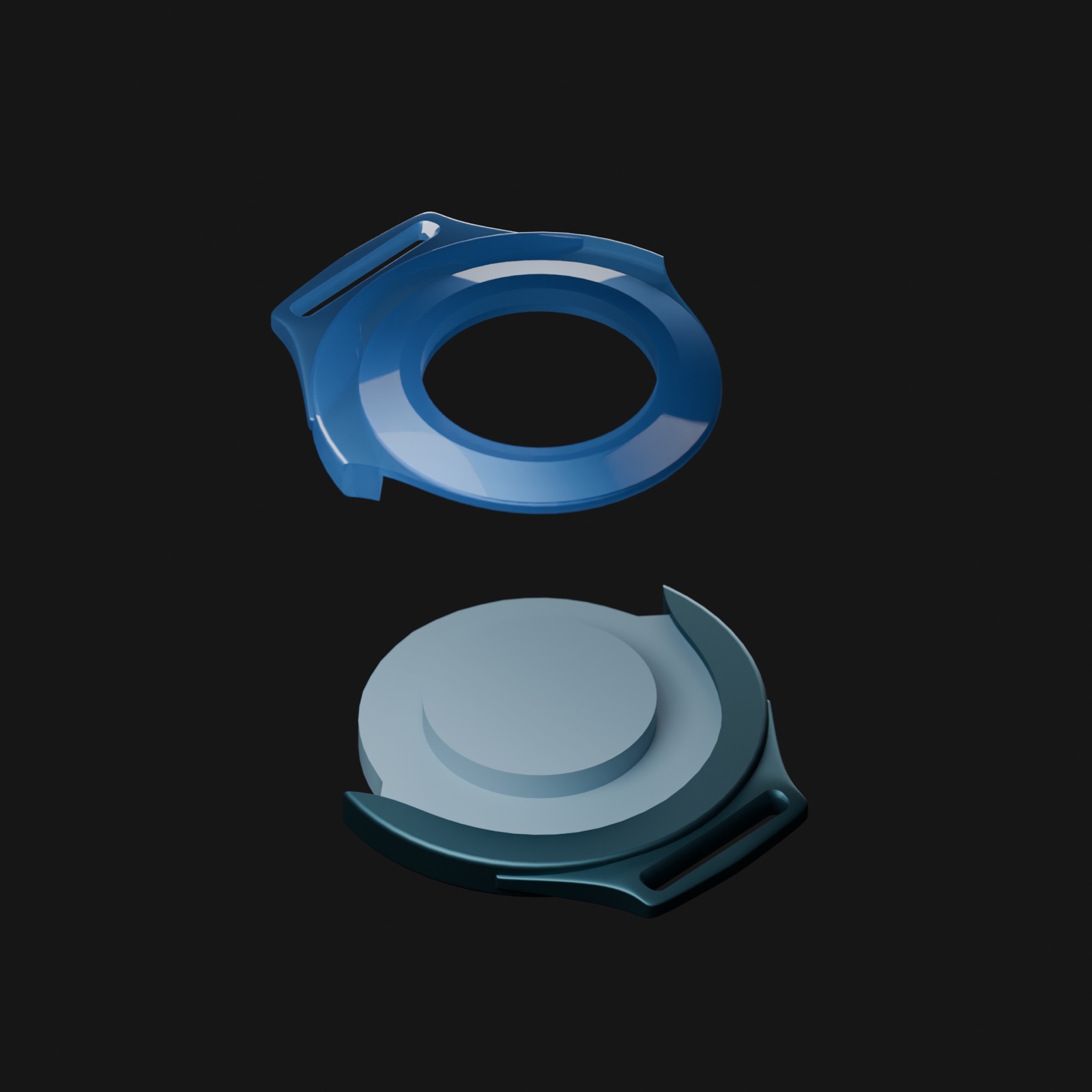 Exploded view of the sensor module: a blue ring-shaped top cover lifted above the base