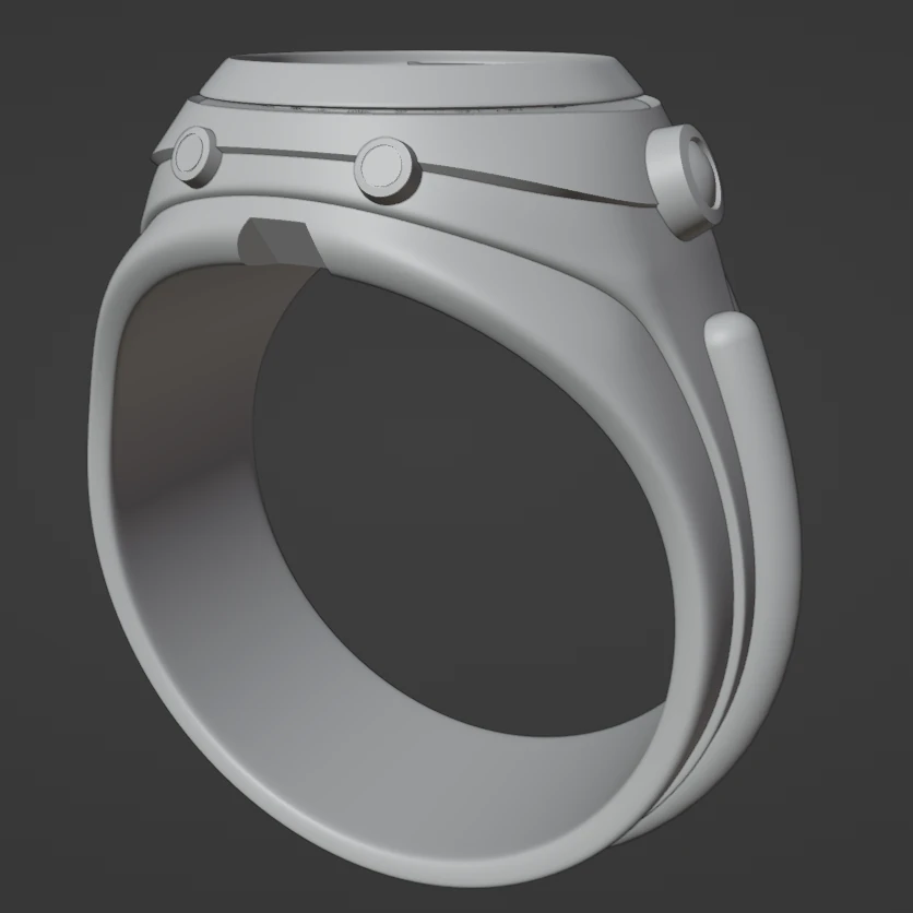 Clay view of the strap side: the buttons, the bezel and the rounded strap in plain grey