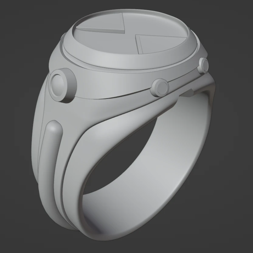 Clay view from above: the dial’s hourglass, the bezel and the side buttons in plain grey