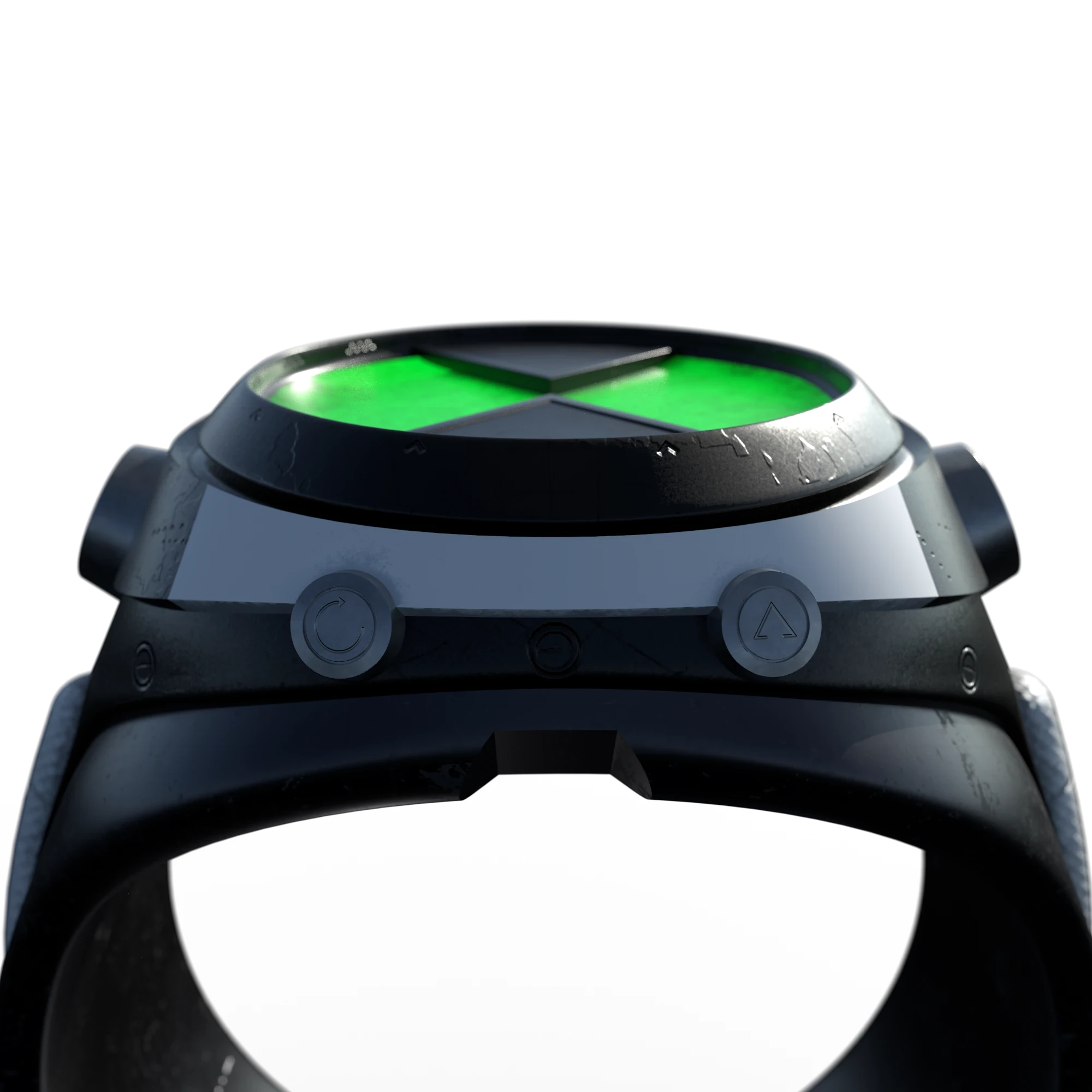 Close side view of the dial: a green hourglass under a worn black bezel, above two buttons