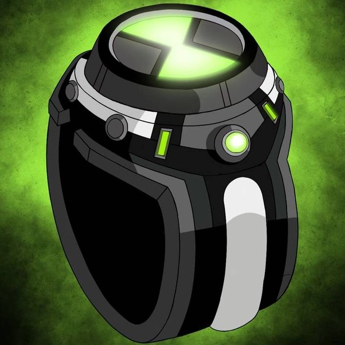 An illustration of the Omnitrix with a glowing hourglass dial, on a green background