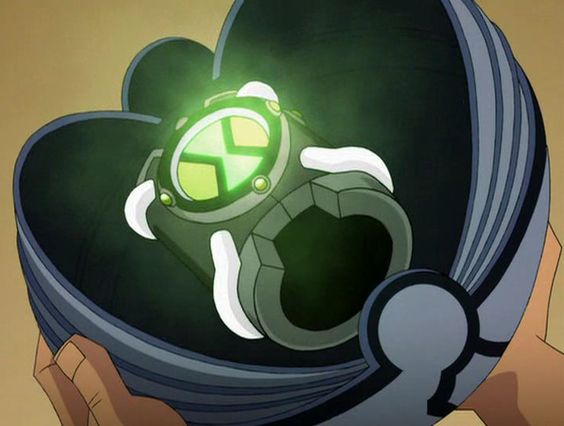 A frame from the cartoon: hands holding an open capsule with the glowing Omnitrix inside