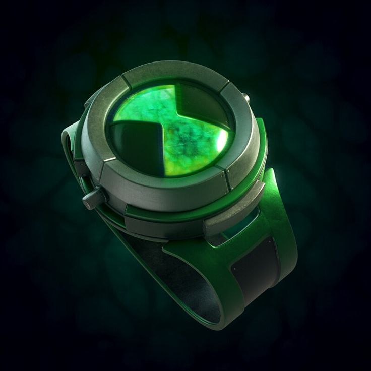 A 3D render of a green Omnitrix with a glowing dial, on dark green
