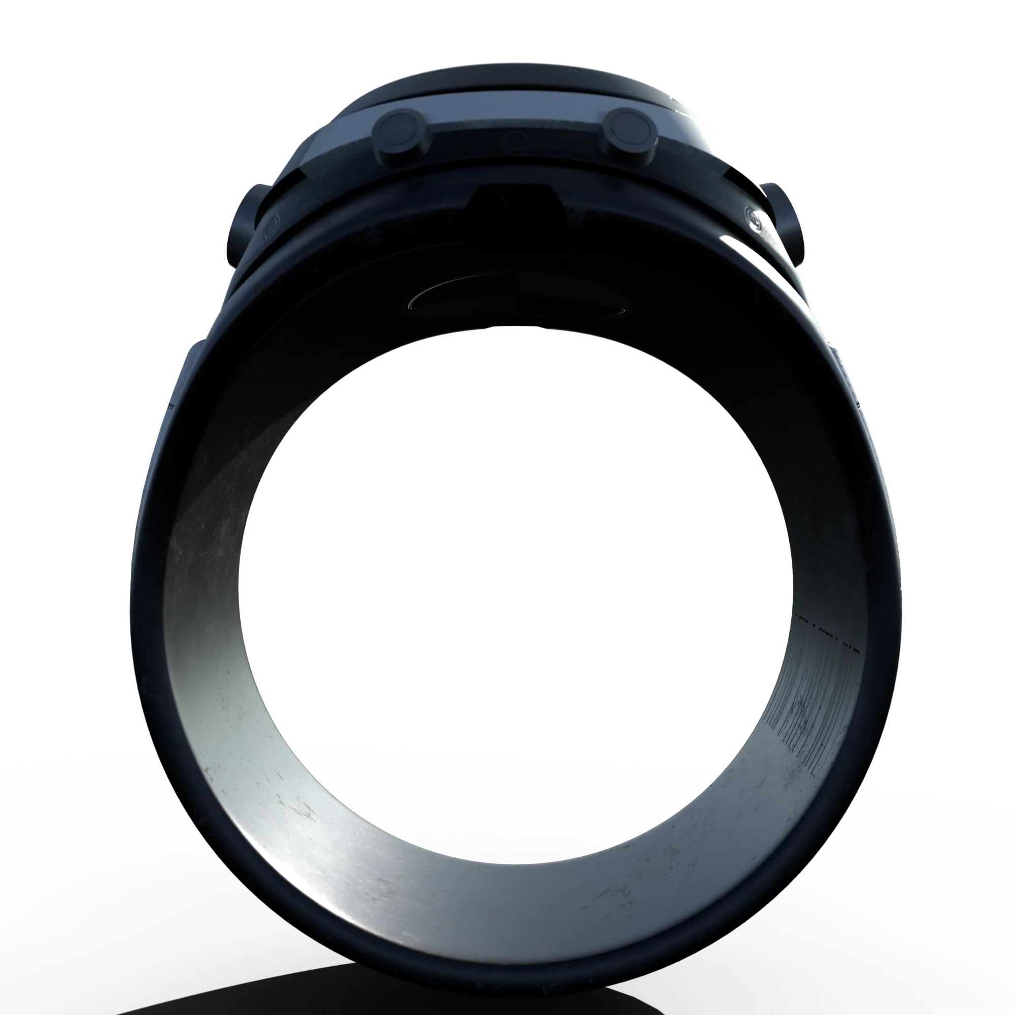 The watch seen end-on, its worn ring open to the white background
