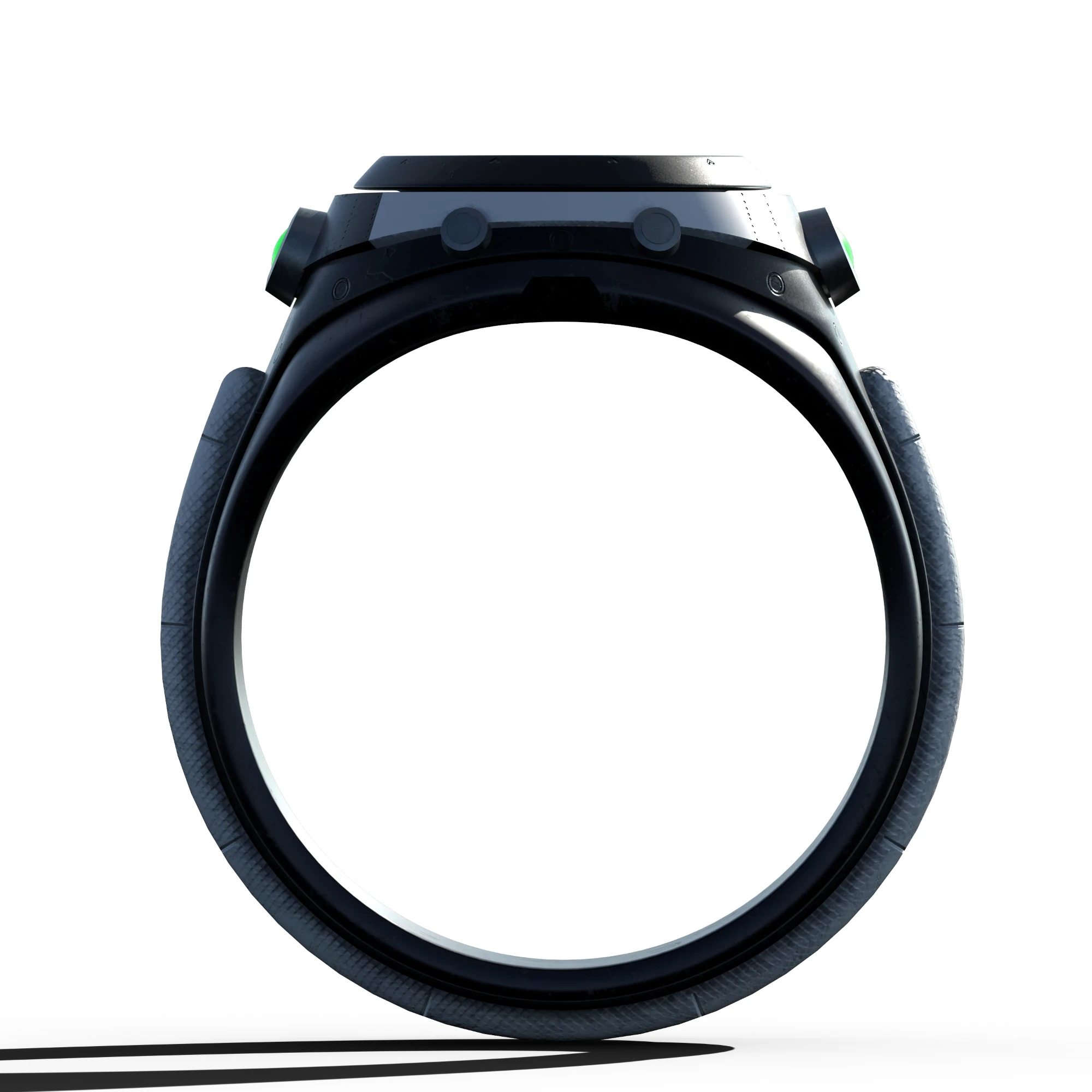The watch from the side: the ring of the textured strap, its buttons and green side lights