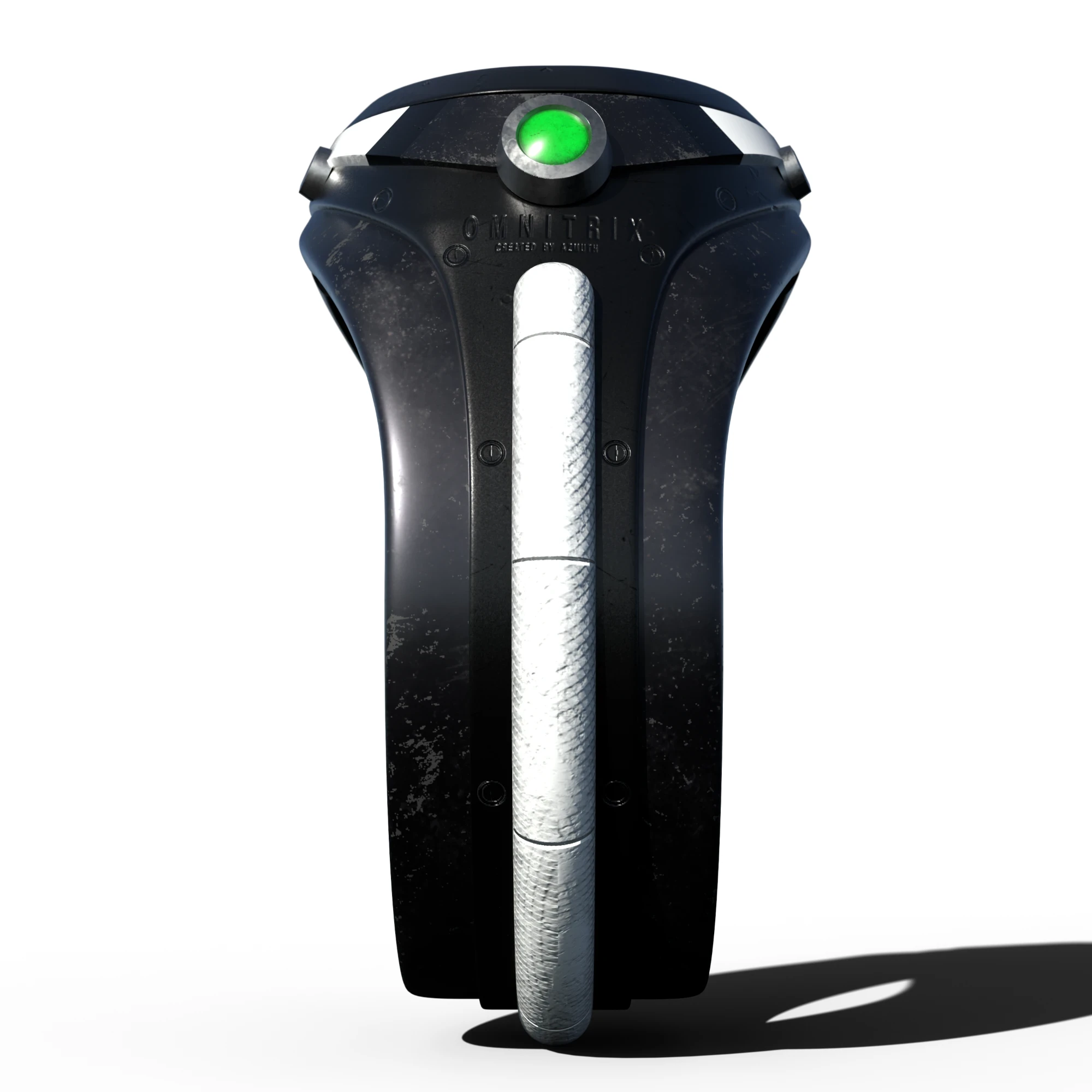 The watch from the side of its white strap, with a green light, the name engraved and worn black paint