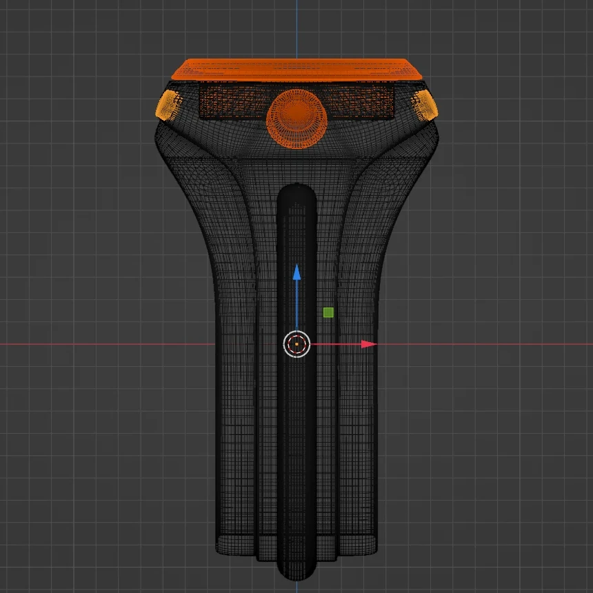 Blender viewport, front view: the watch in wireframe, its dial and buttons outlined in orange