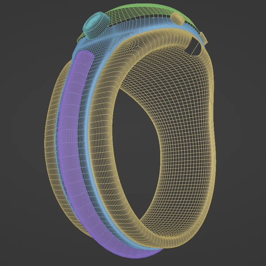 Wireframe colored by part: the dial in green, the body in blue, the strap in yellow and its band in purple