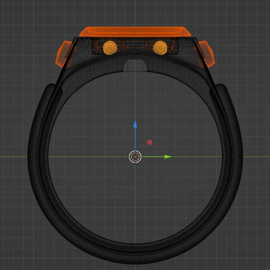 Blender viewport, side view: the ring of the strap in wireframe, the dial and buttons in orange