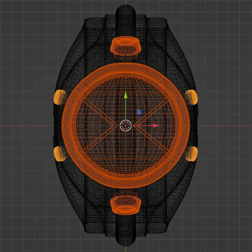 Blender viewport, top view: the round dial and four side buttons in orange over the wireframe strap