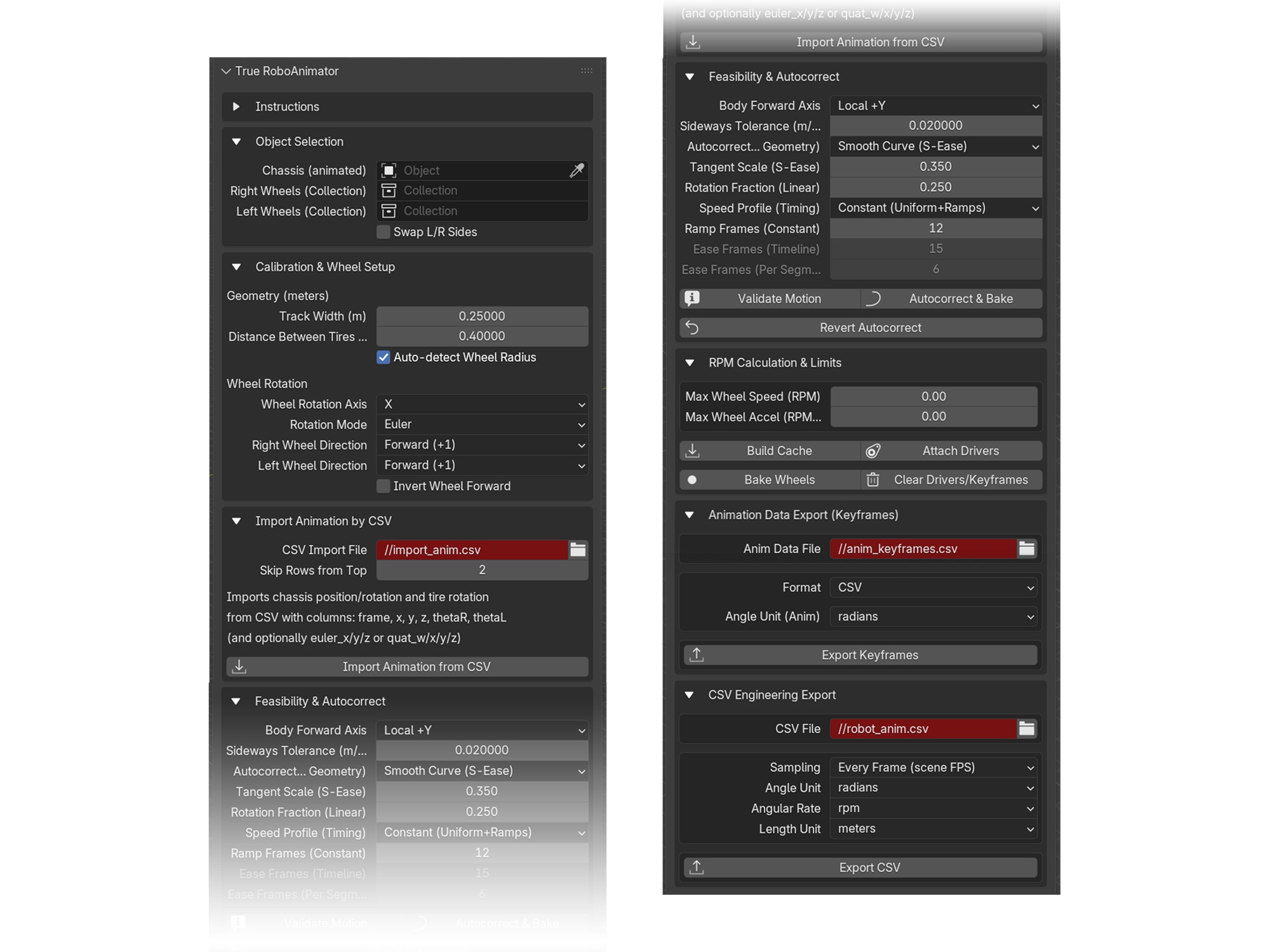 The True RoboAnimator panels in Blender, with sections for validation, correction, wheel caching and export
