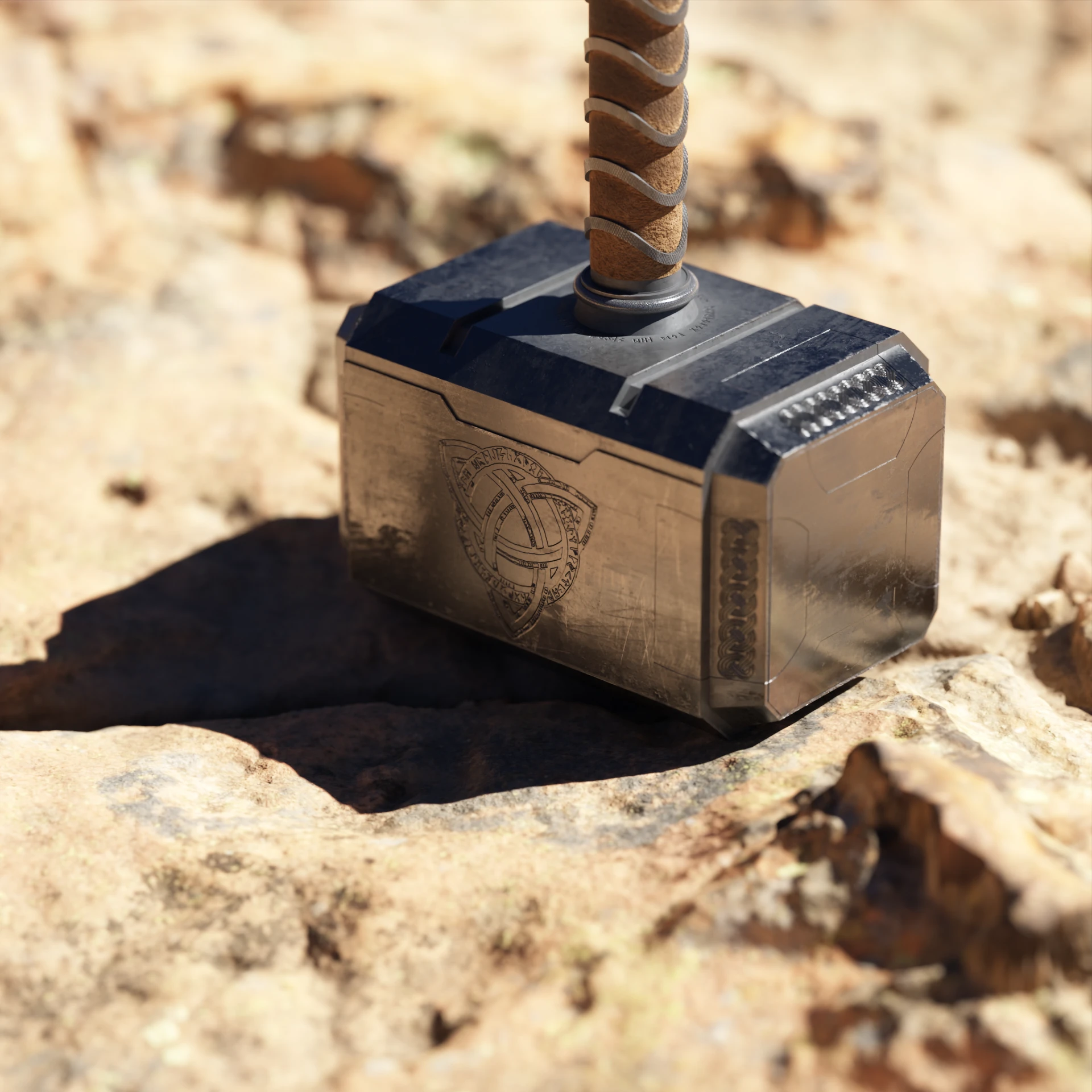 Mjölnir standing on sunlit desert rock, casting a hard shadow