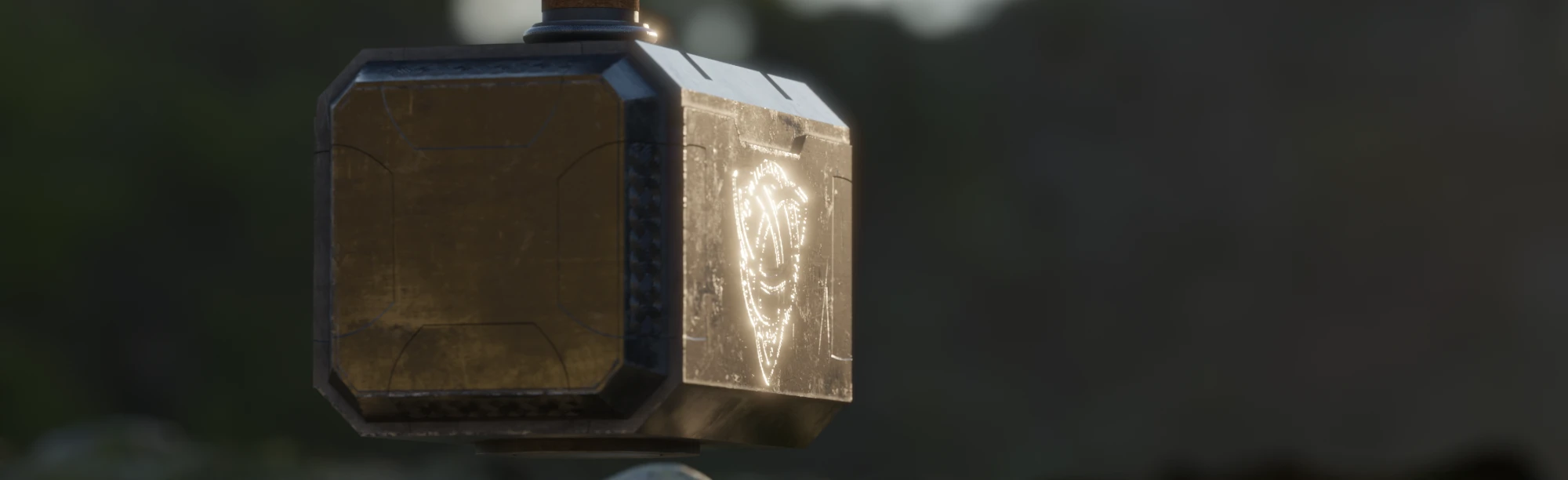 Mjölnir against a dark forest at dusk, its engraved knot glowing gold