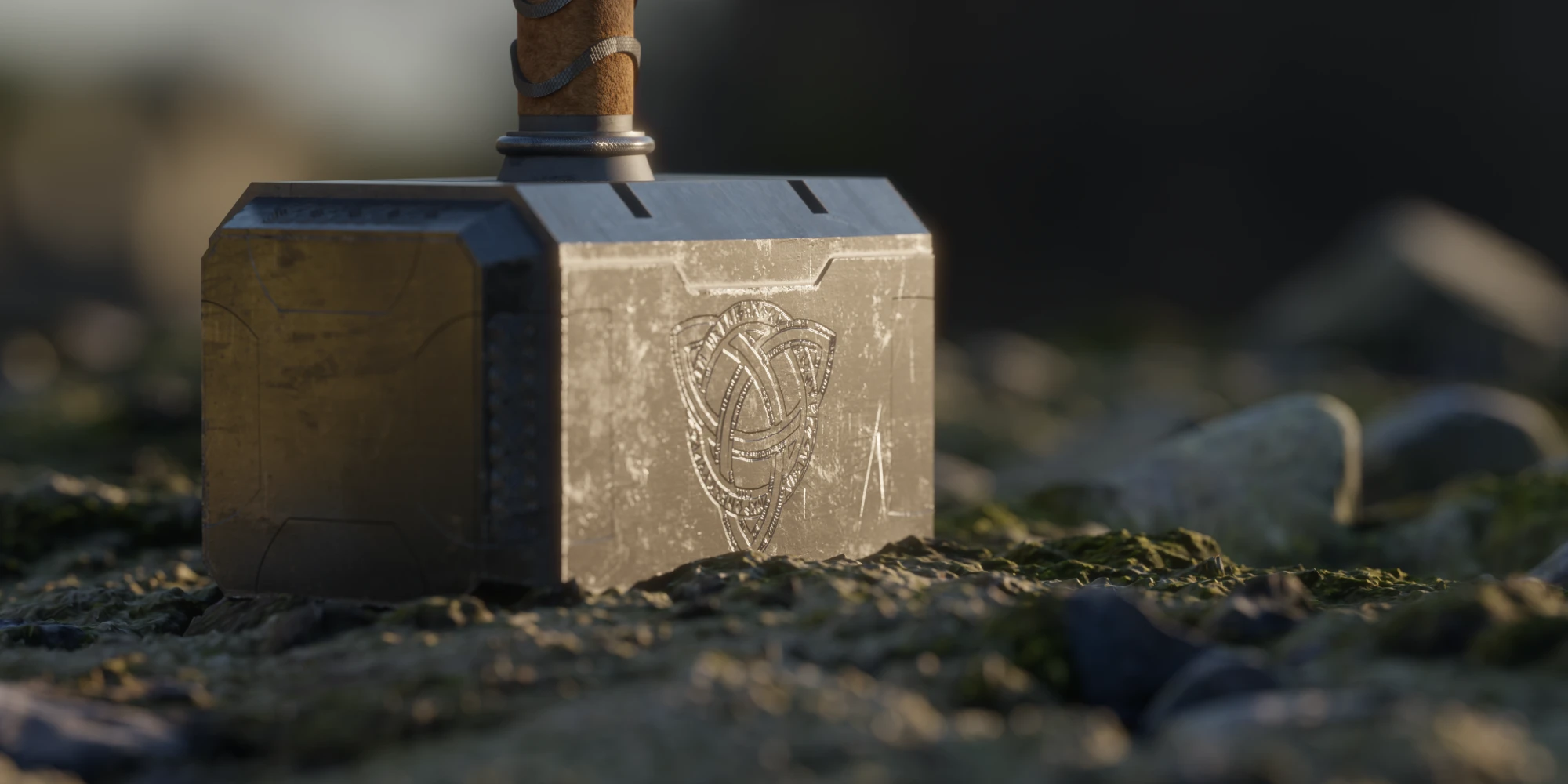 Mjölnir, engraved with a Celtic knot, resting on mossy rocks in low golden light