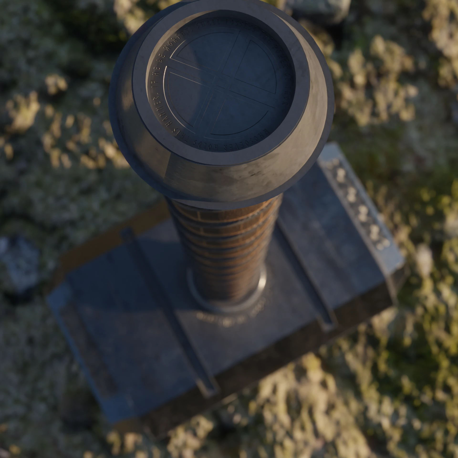 Looking down the handle at the pommel, engraved with a cross and the words “Whosoever holds this hammer, if he be worthy, shall possess the power of Thor”