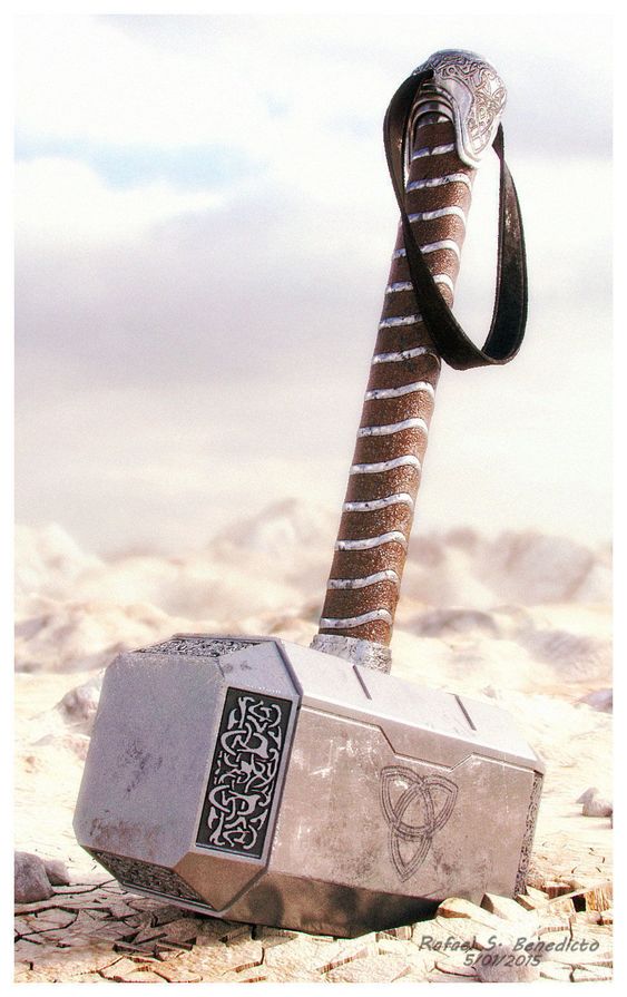 A render of Mjölnir standing in cracked desert ground