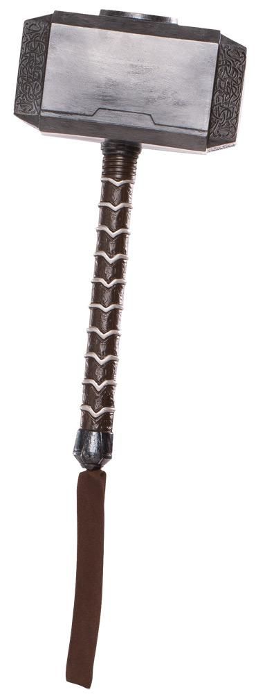 A costume replica of Mjölnir with a brown wrist strap, on white