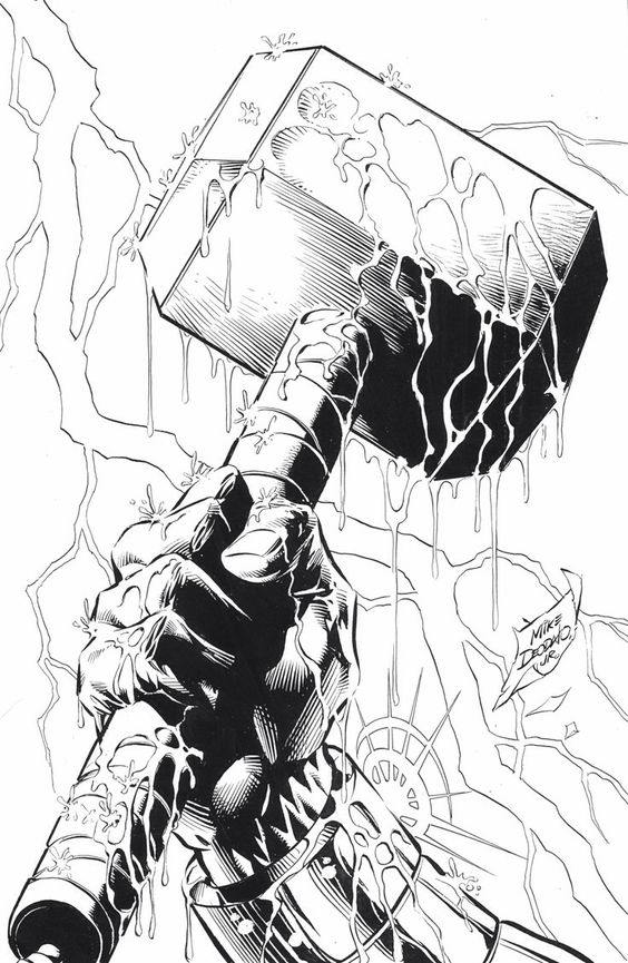 A black-and-white comic ink drawing of a hand gripping Mjölnir amid lightning