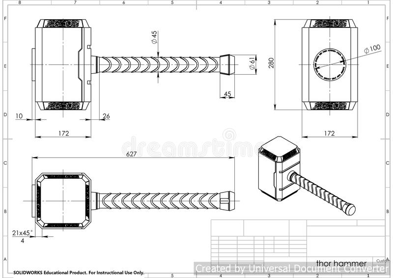 An engineering drawing of the hammer in three views, with dimensions
