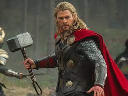 Chris Hemsworth as Thor holding Mjölnir, in a still from the films
