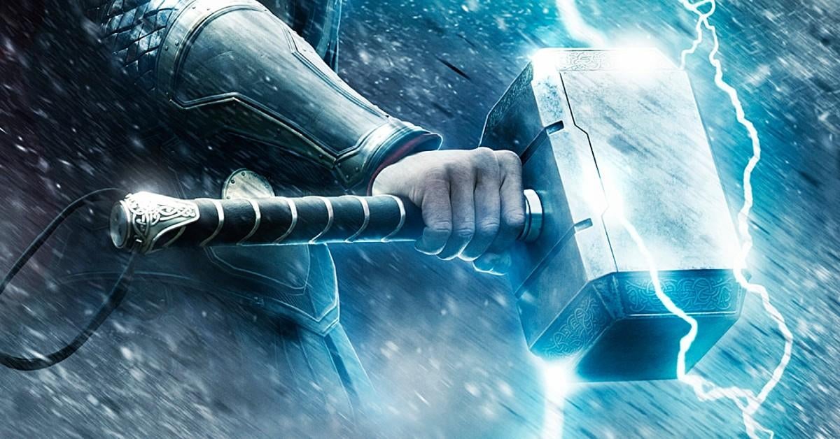 Poster art: an armored hand gripping Mjölnir as lightning strikes it