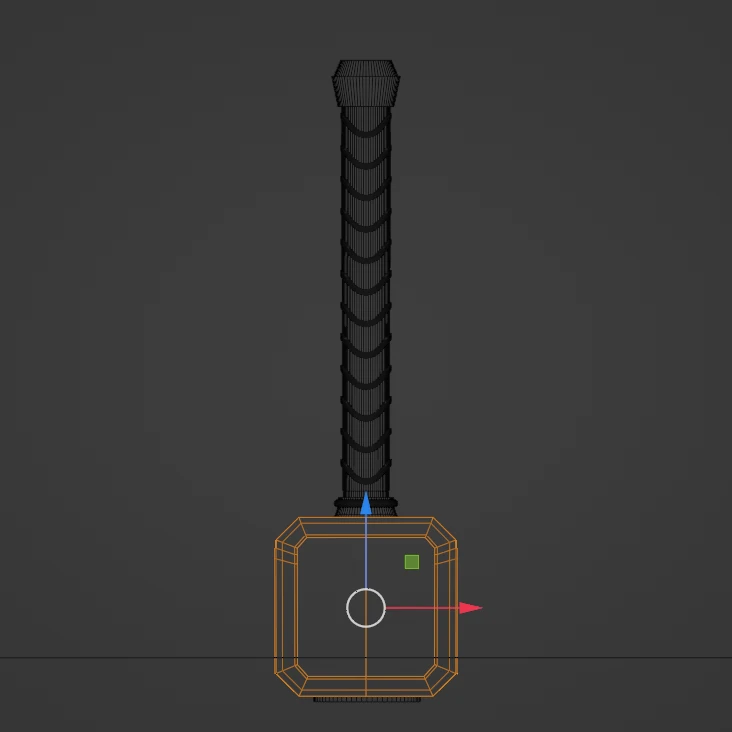 Blender viewport, front view: the hammer in wireframe, its head outlined in orange