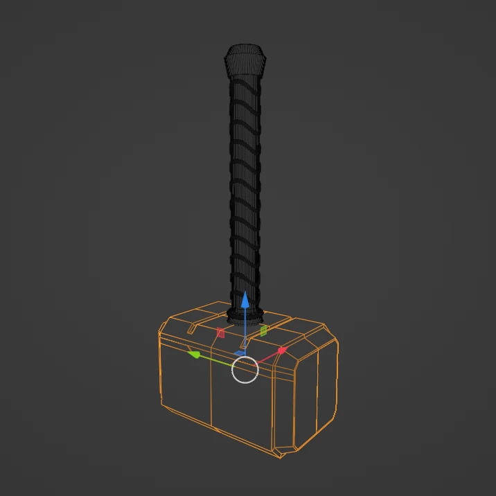 Blender viewport, three-quarter view: the hammer in wireframe, its head outlined in orange